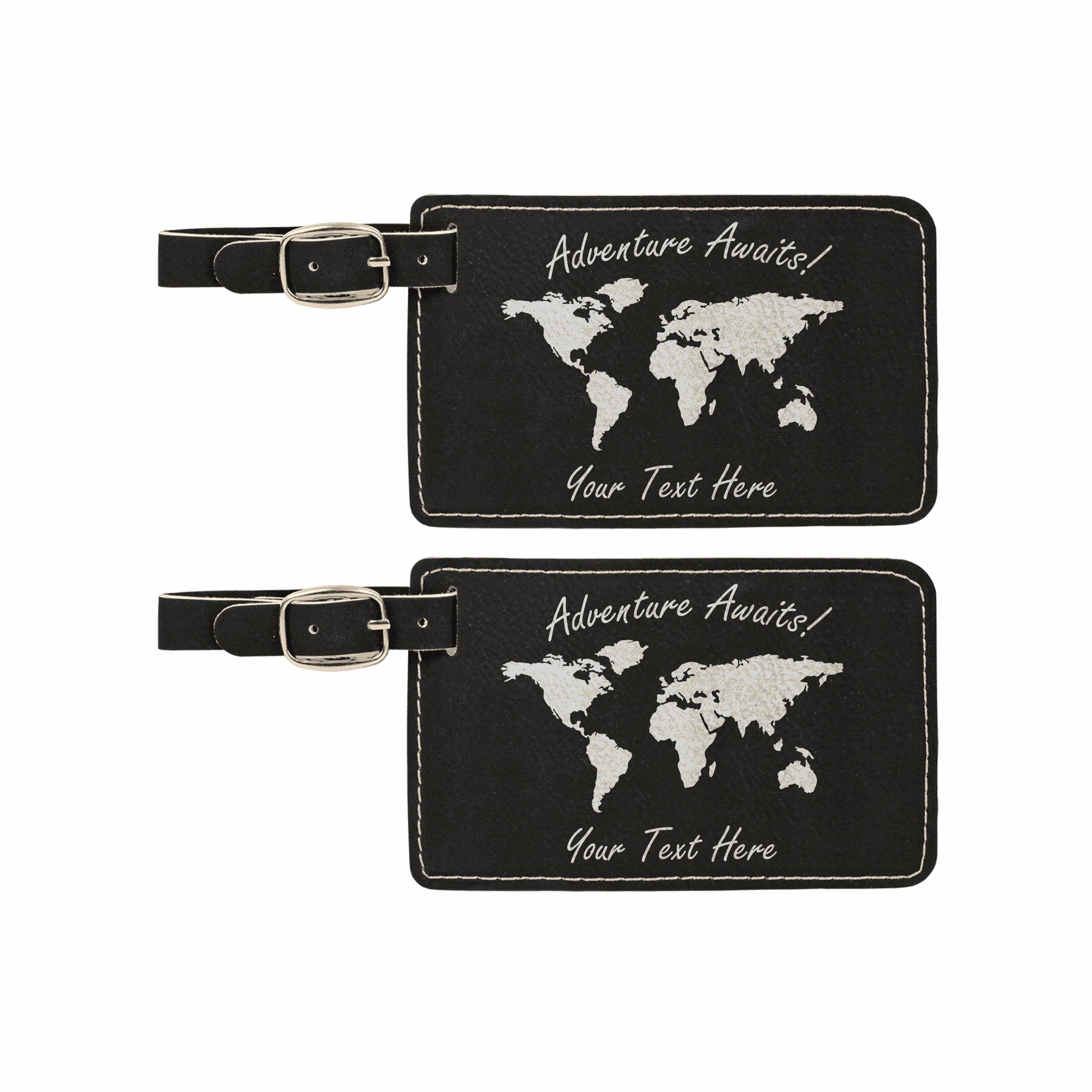 Personalized Adventure Awaits World Map Engraved Leatherette Luggage Tags 2 pack