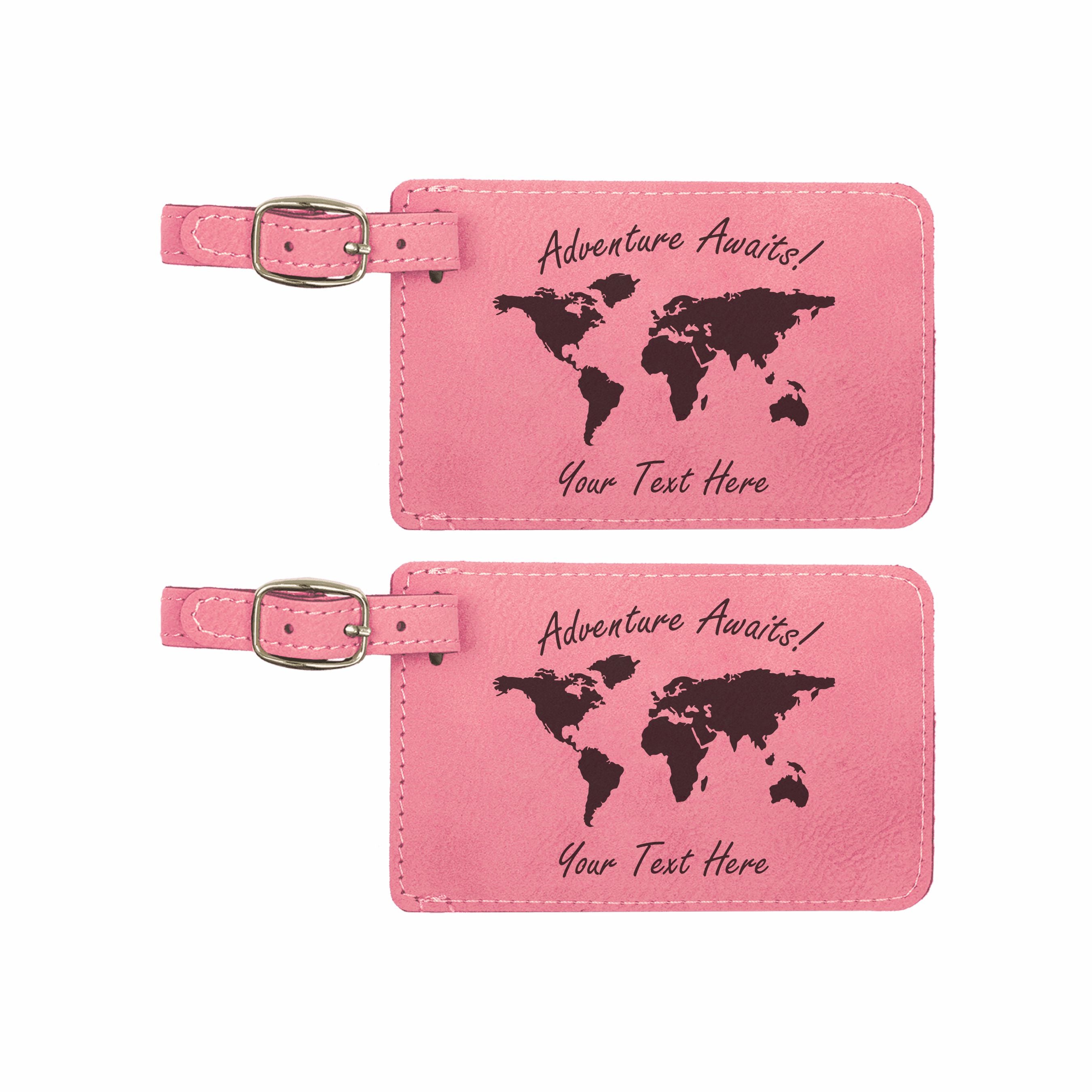 Personalized Adventure Awaits World Map Engraved Leatherette Luggage Tags 2 pack