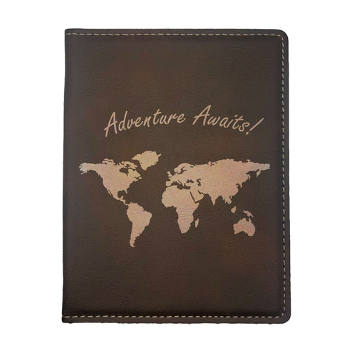 Adventure Awaits World Map Engraved Leatherette Passport Holder