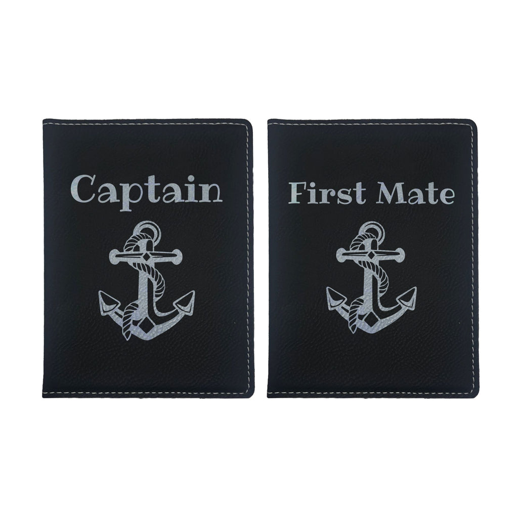 Captain and First Mate with Anchor Engraved Leatherette Passport Holder Combo Pack