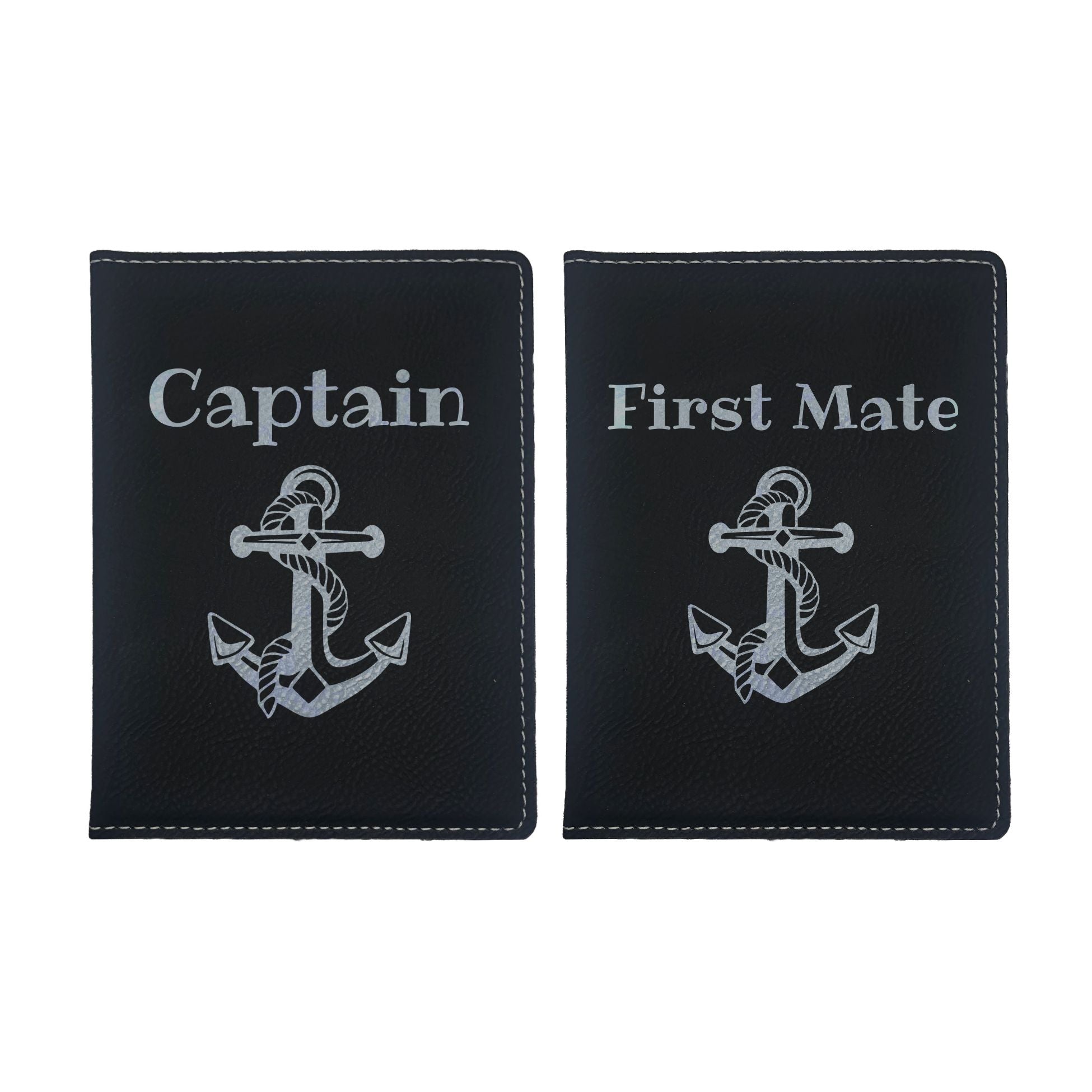 Captain and First Mate with Anchor Engraved Leatherette Passport Holder Combo Pack