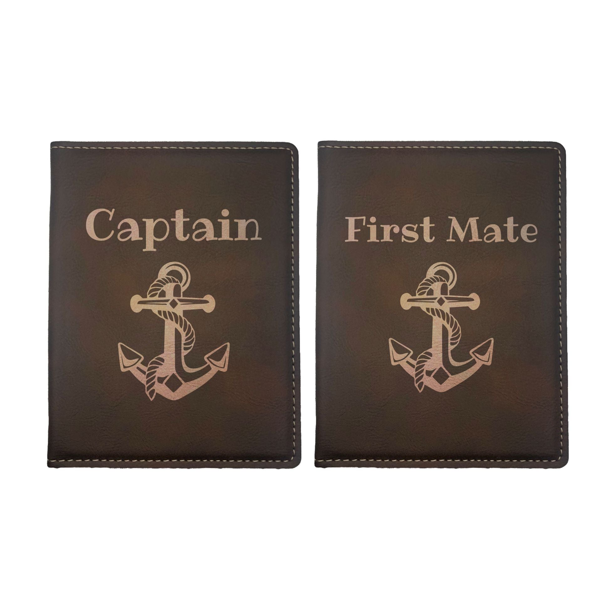 Captain and First Mate with Anchor Engraved Leatherette Passport Holder Combo Pack