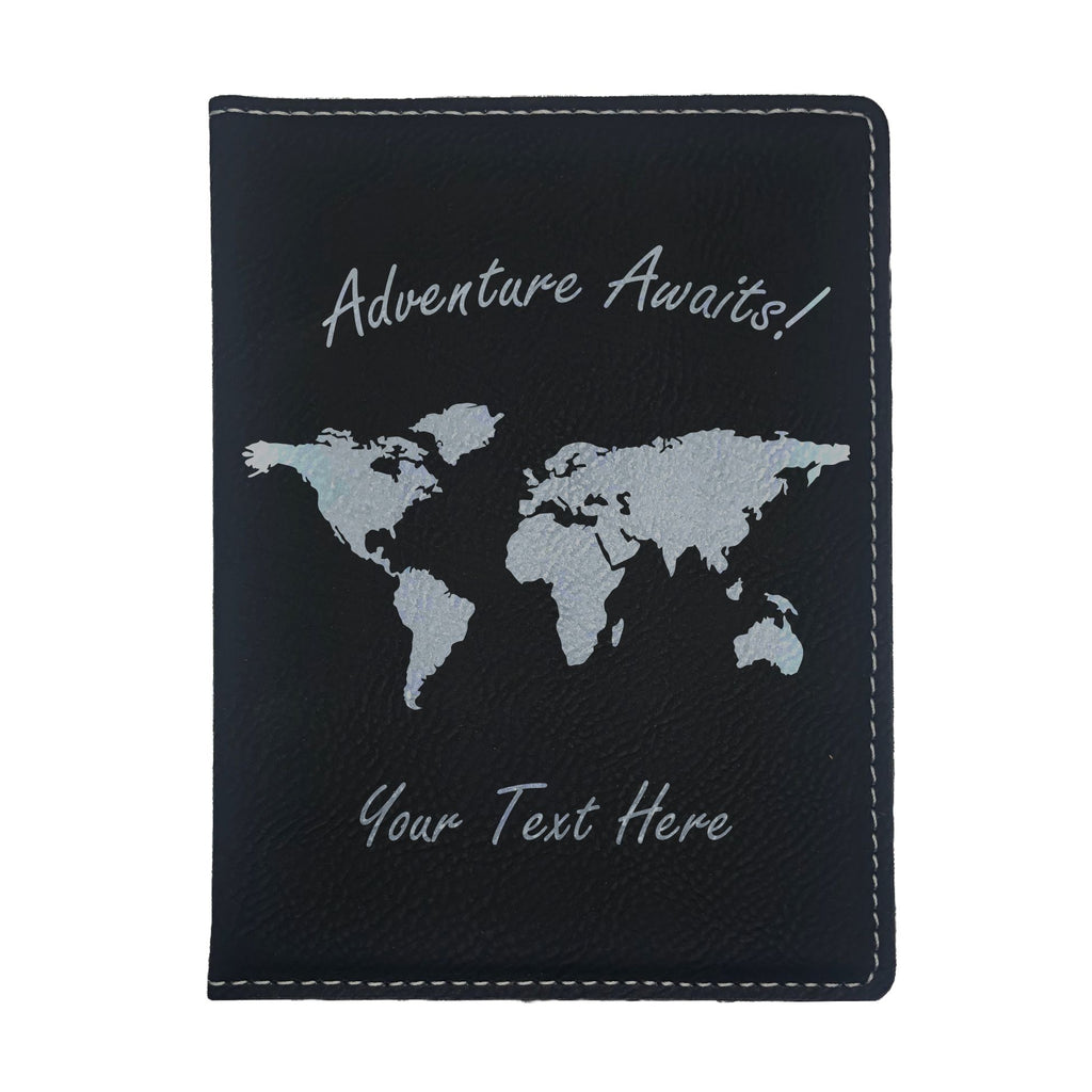 Personalized Engraved Leatherette Passport Holder, Adventure Awaits World Map with Custom Text