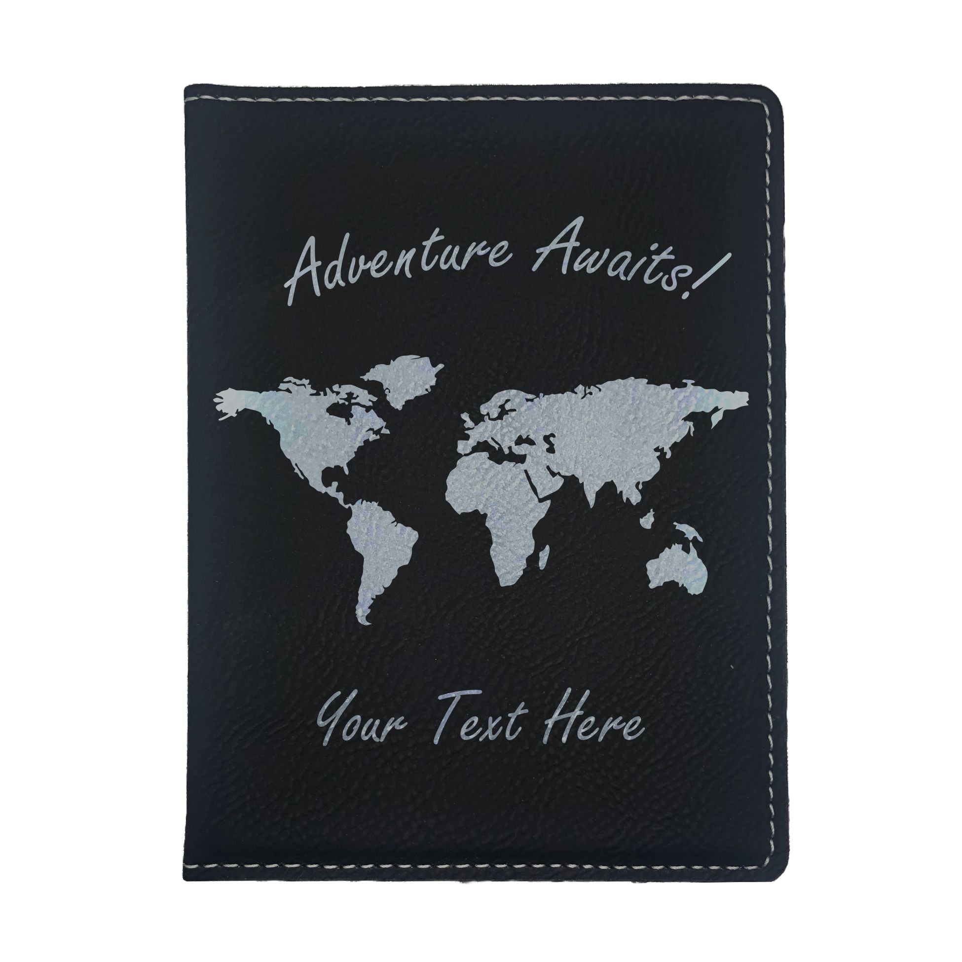 Personalized Engraved Leatherette Passport Holder, Adventure Awaits World Map with Custom Text