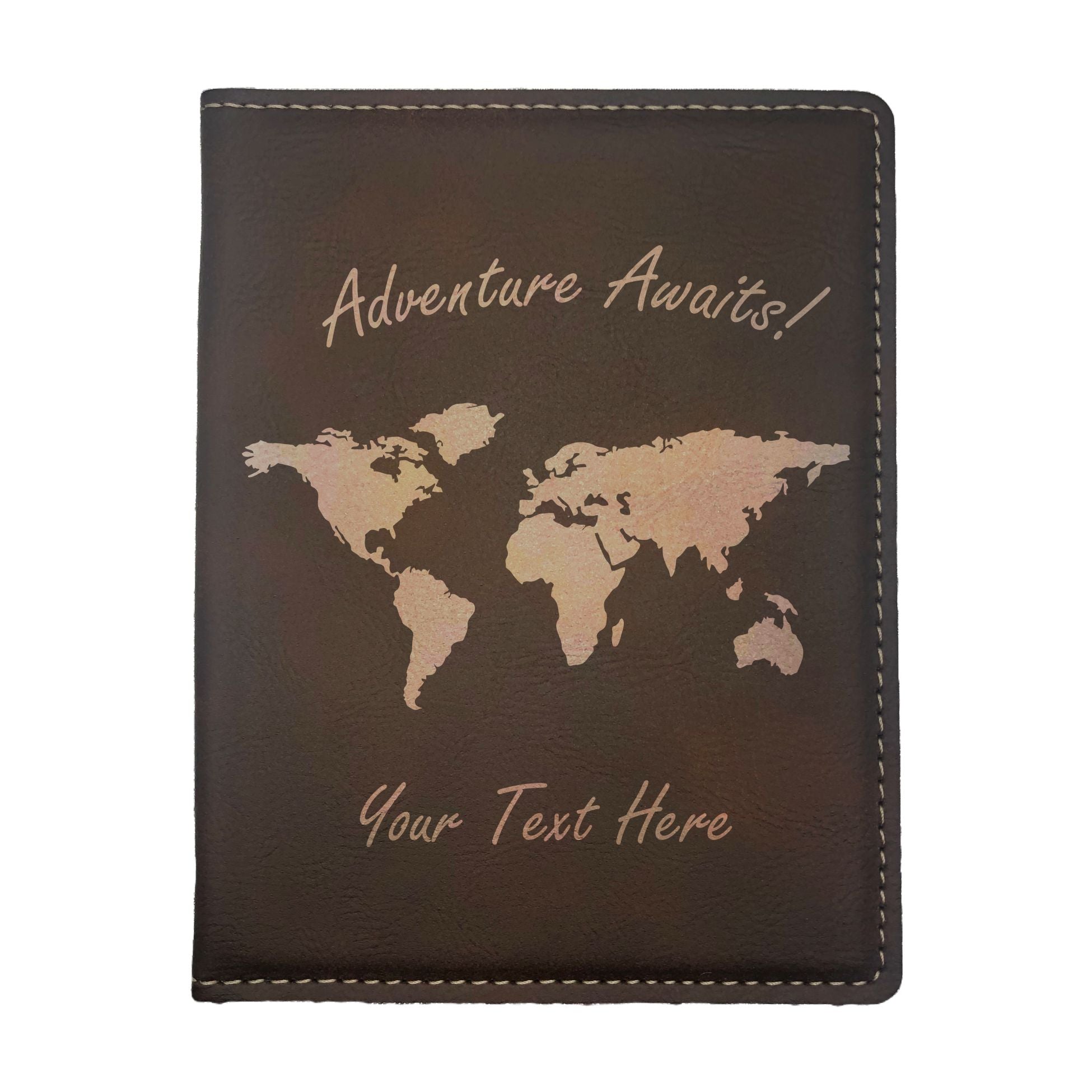 Personalized Engraved Leatherette Passport Holder, Adventure Awaits World Map with Custom Text