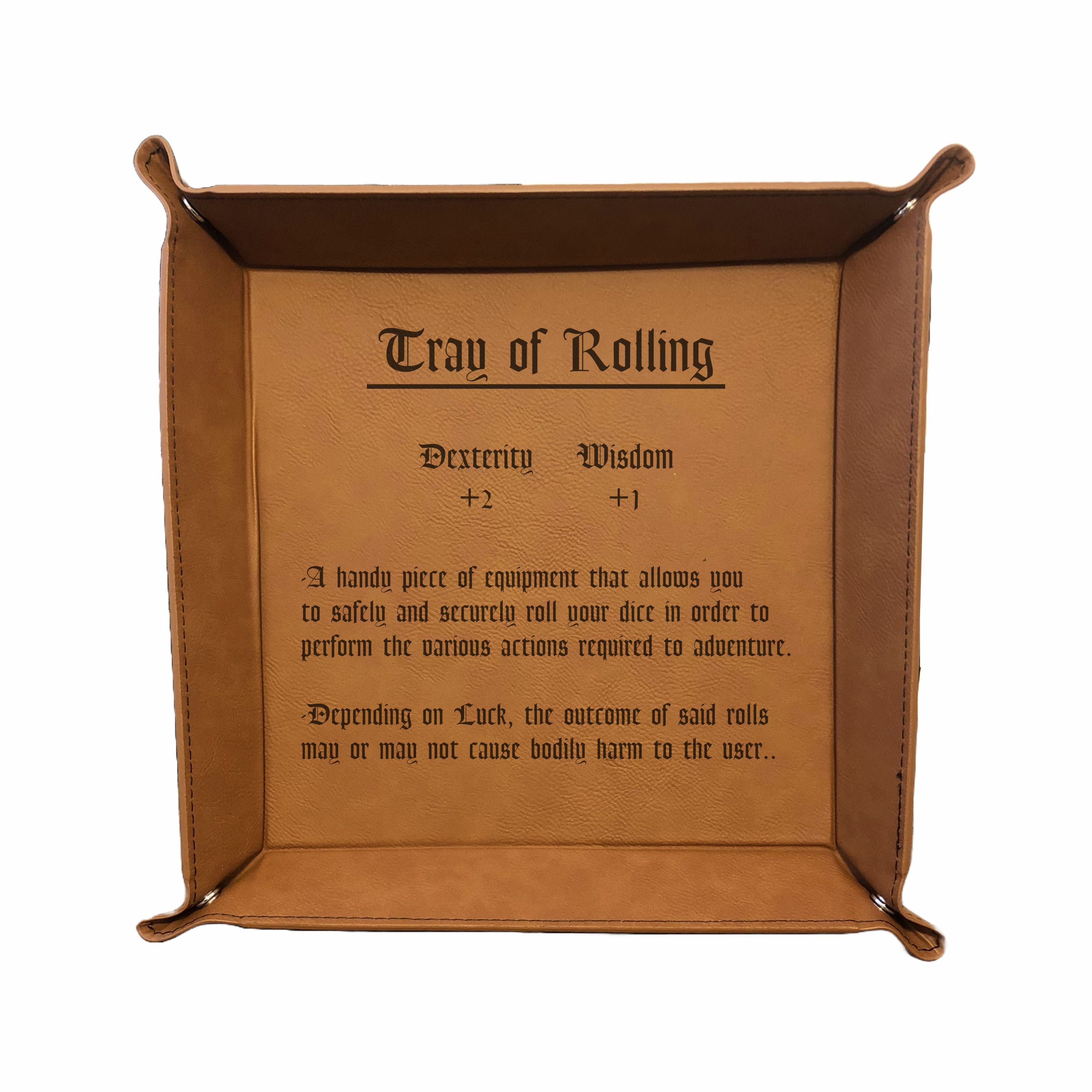 DND Dice Tray, Tray of Rolling Funny Item Description Engraved Leatherette Snap Tray, DND Gifts Dungeons Dragons