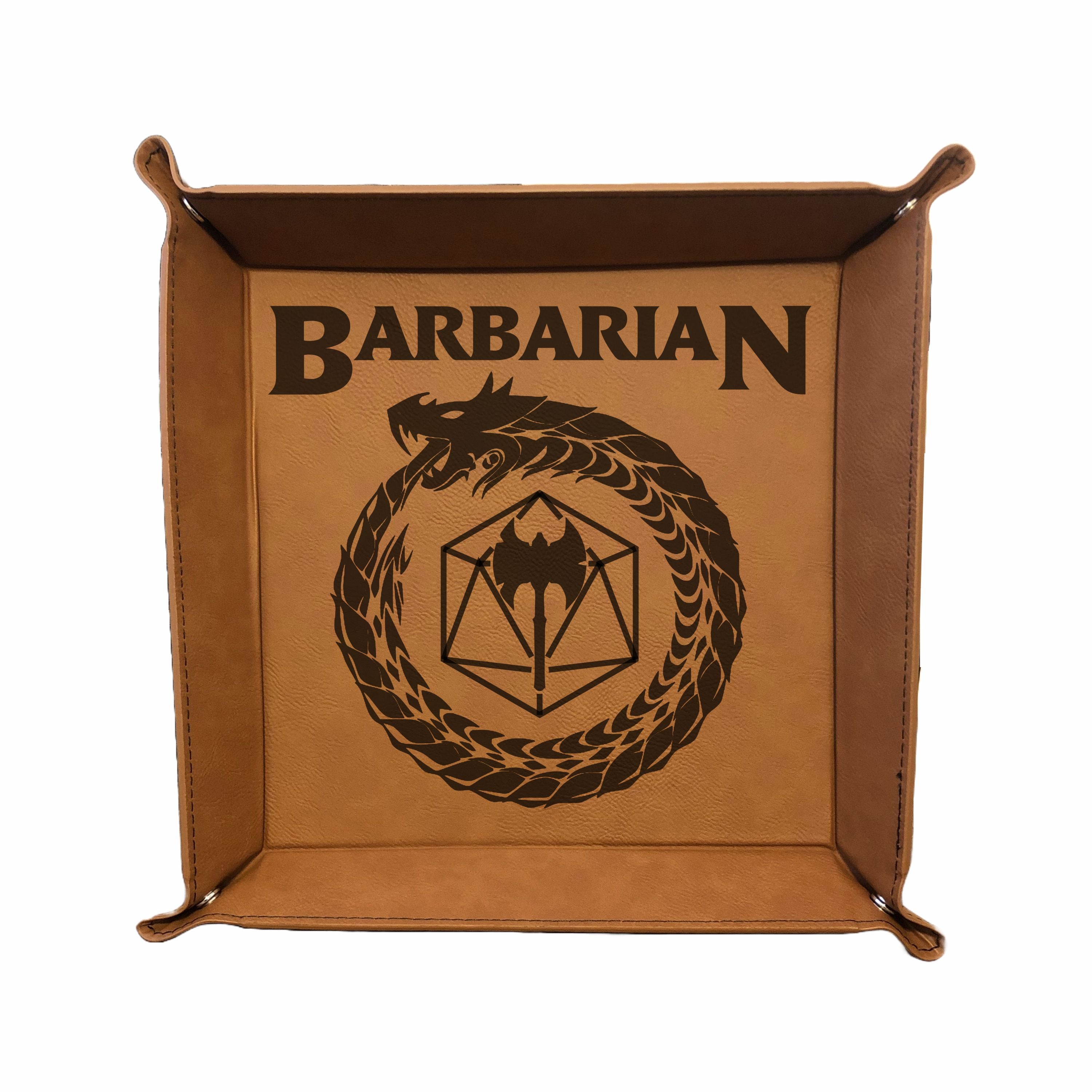 DND Dice Tray Barbarian Class Symbol with Dragon Engraved Leatherette Snap Tray, DND Gifts Dungeons Dragons