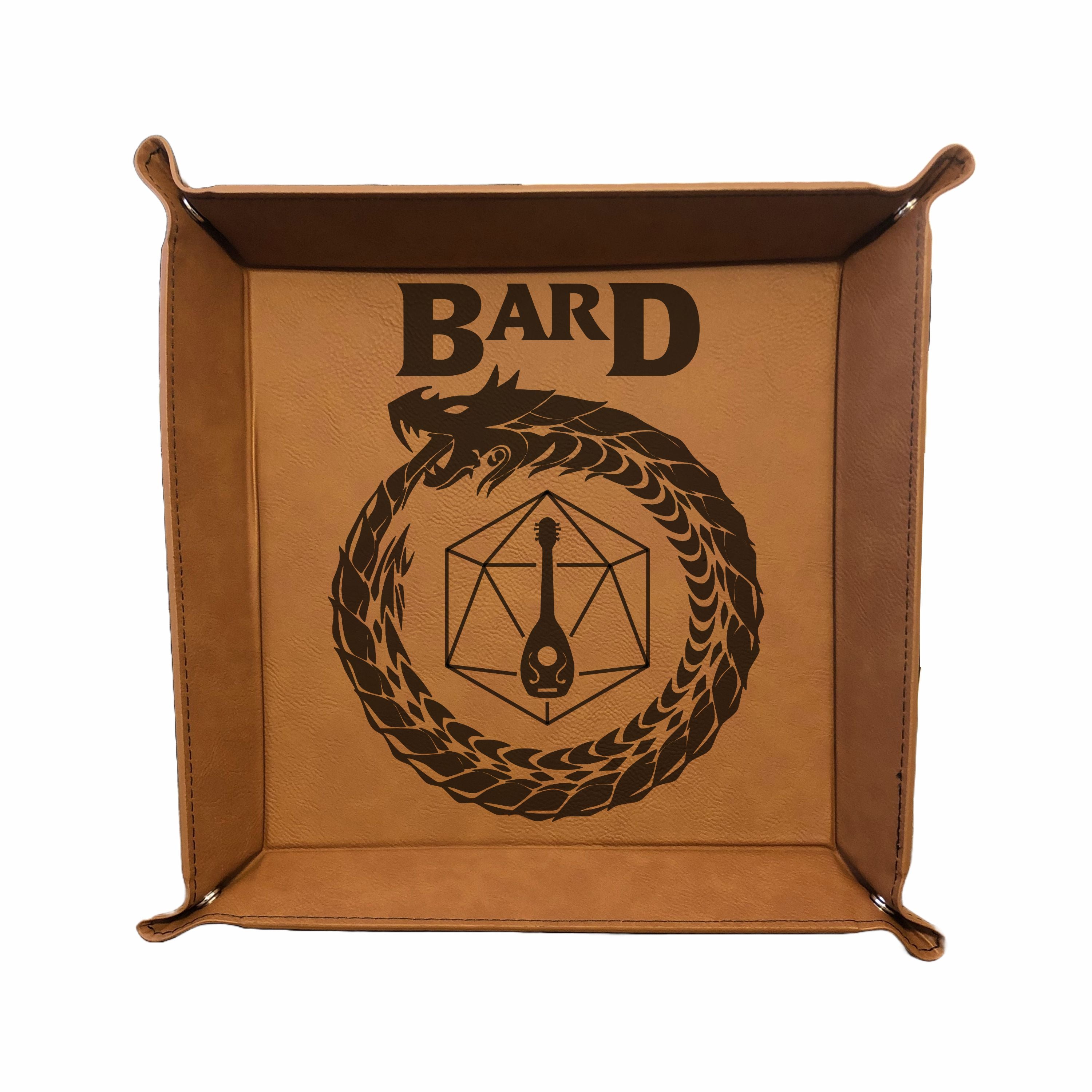 DND Dice Tray Bard Class Symbol with Dragon Engraved Leatherette Snap Tray, DND Gifts Dungeons Dragons