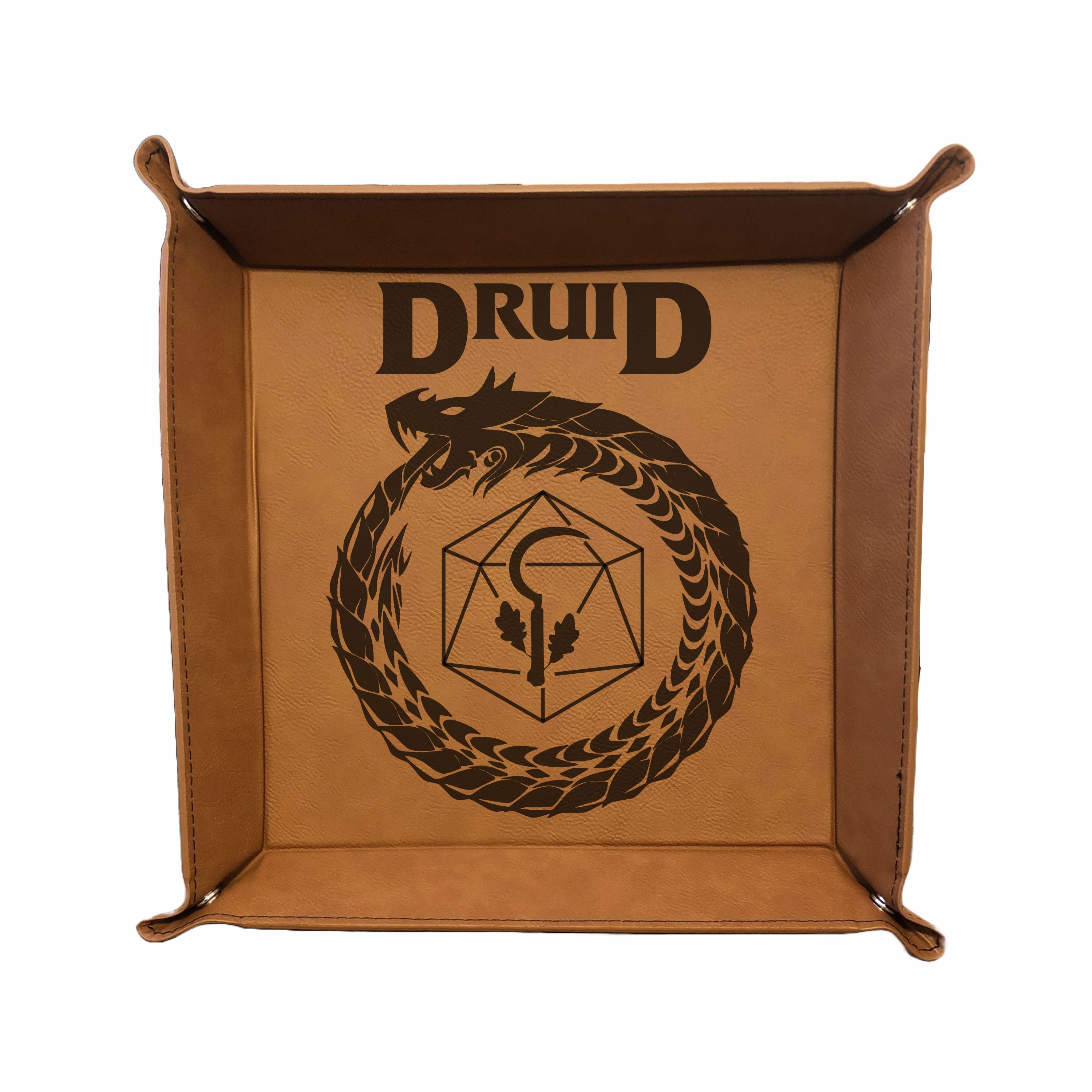 DND Dice Tray Druid Class Symbol with Dragon Engraved Leatherette Snap Tray, DND Gifts Dungeons Dragons