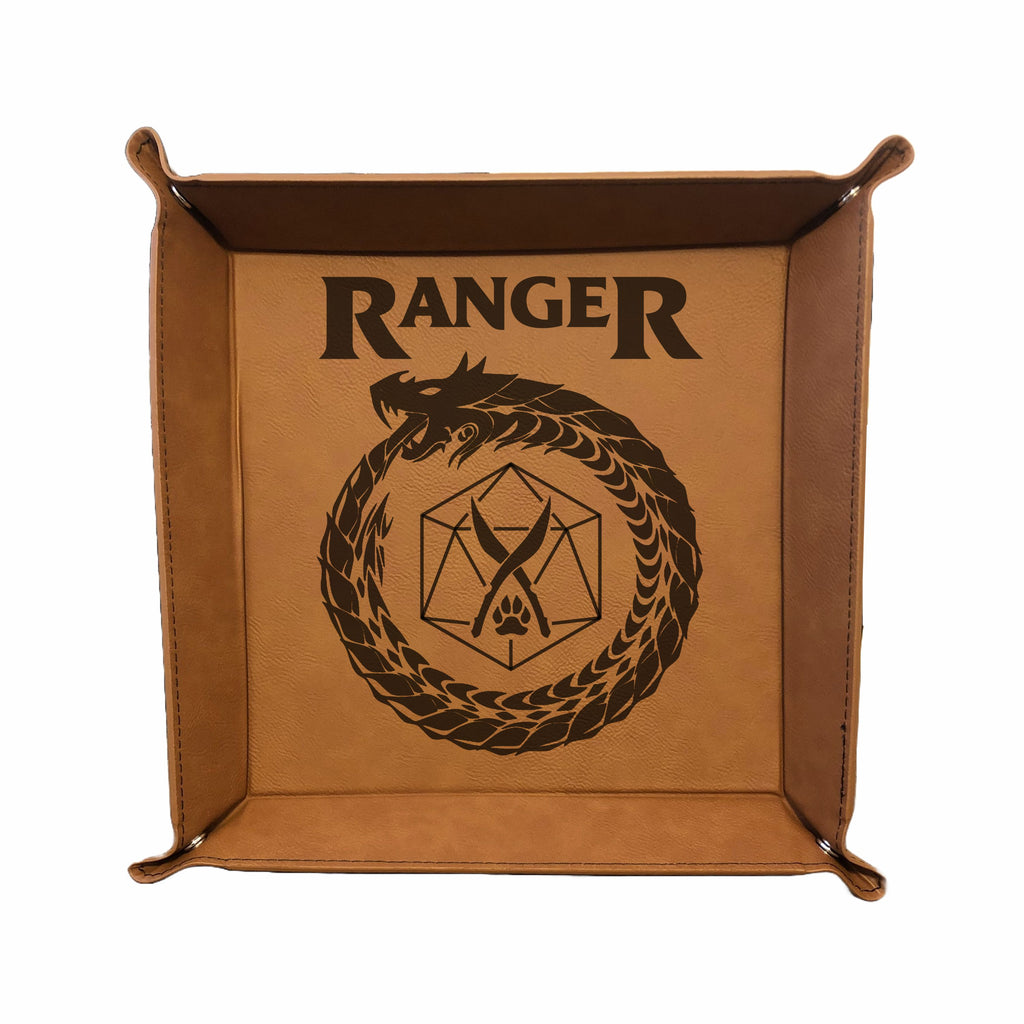 DND Dice Tray Ranger Class Symbol with Dragon Engraved Leatherette Snap Tray, DND Gifts Dungeons Dragons