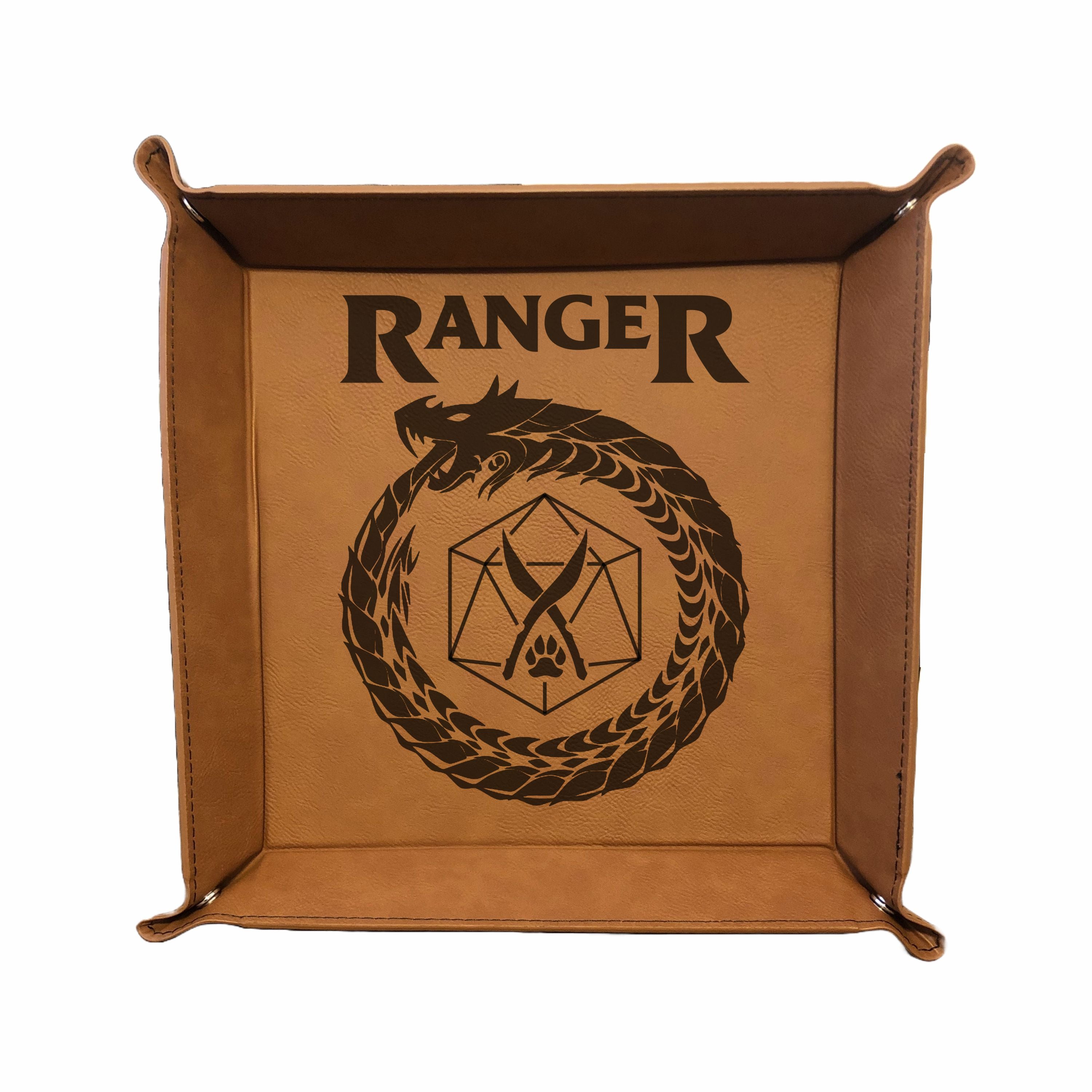DND Dice Tray Ranger Class Symbol with Dragon Engraved Leatherette Snap Tray, DND Gifts Dungeons Dragons