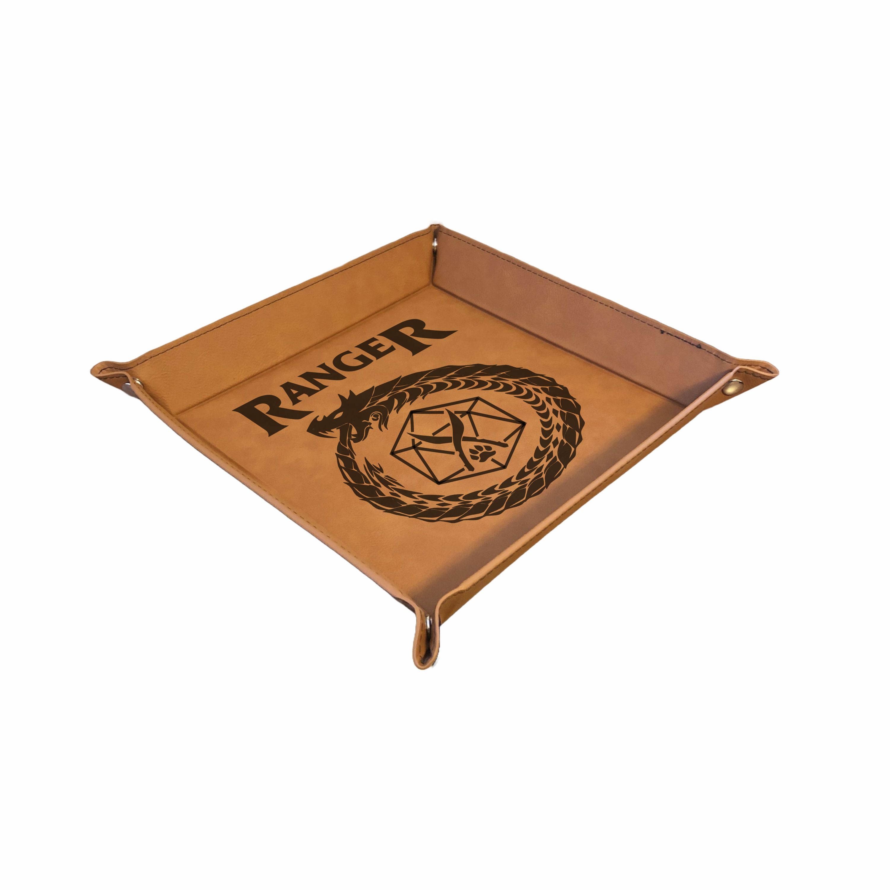 DND Dice Tray Ranger Class Symbol with Dragon Engraved Leatherette Snap Tray, DND Gifts Dungeons Dragons