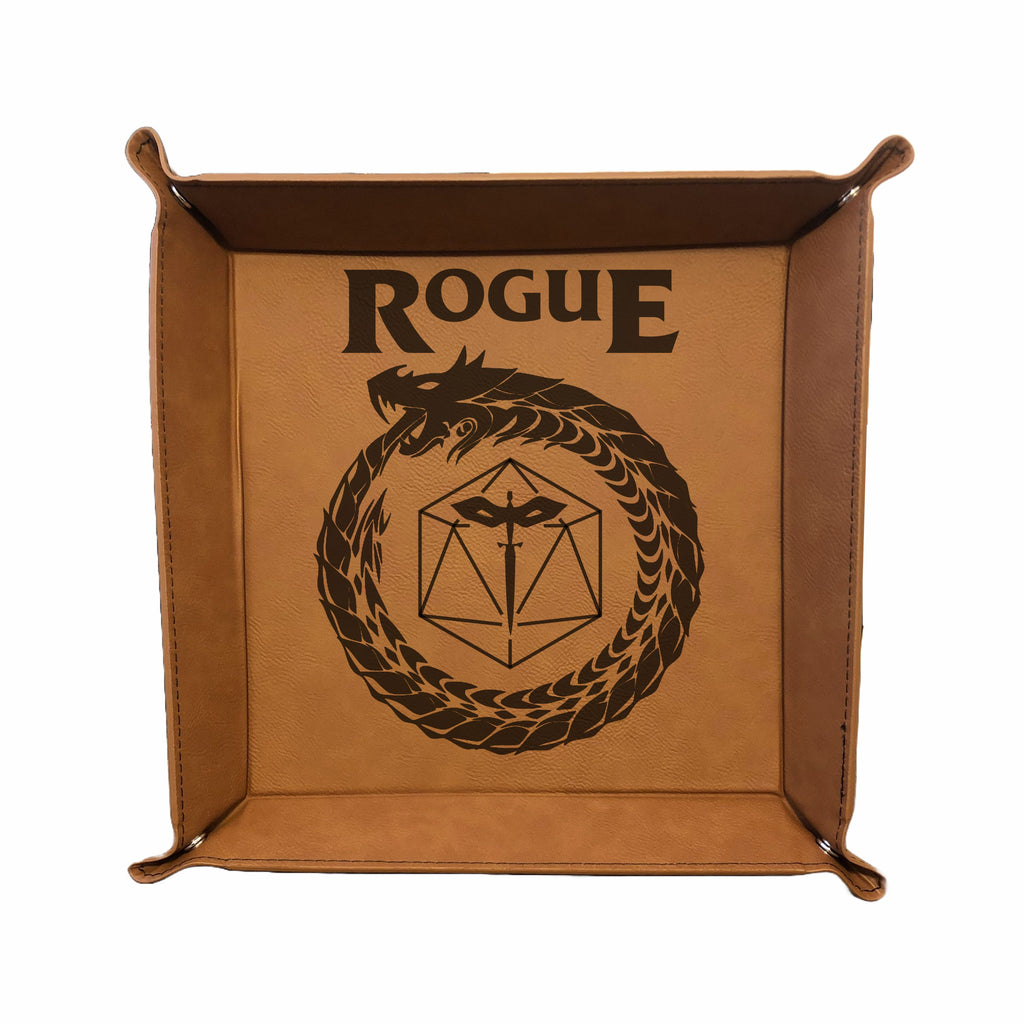 DND Dice Tray Rogue Class Symbol with Dragon Engraved Leatherette Snap Tray, DND Gifts Dungeons Dragons
