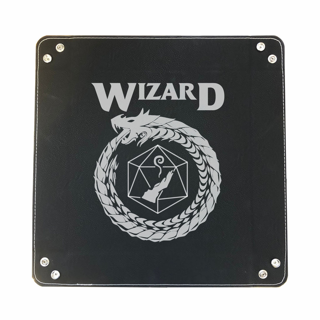 DND Dice Tray Wizard Class Symbol with Dragon Engraved Leatherette Snap Tray, DND Gifts Dungeons Dragons