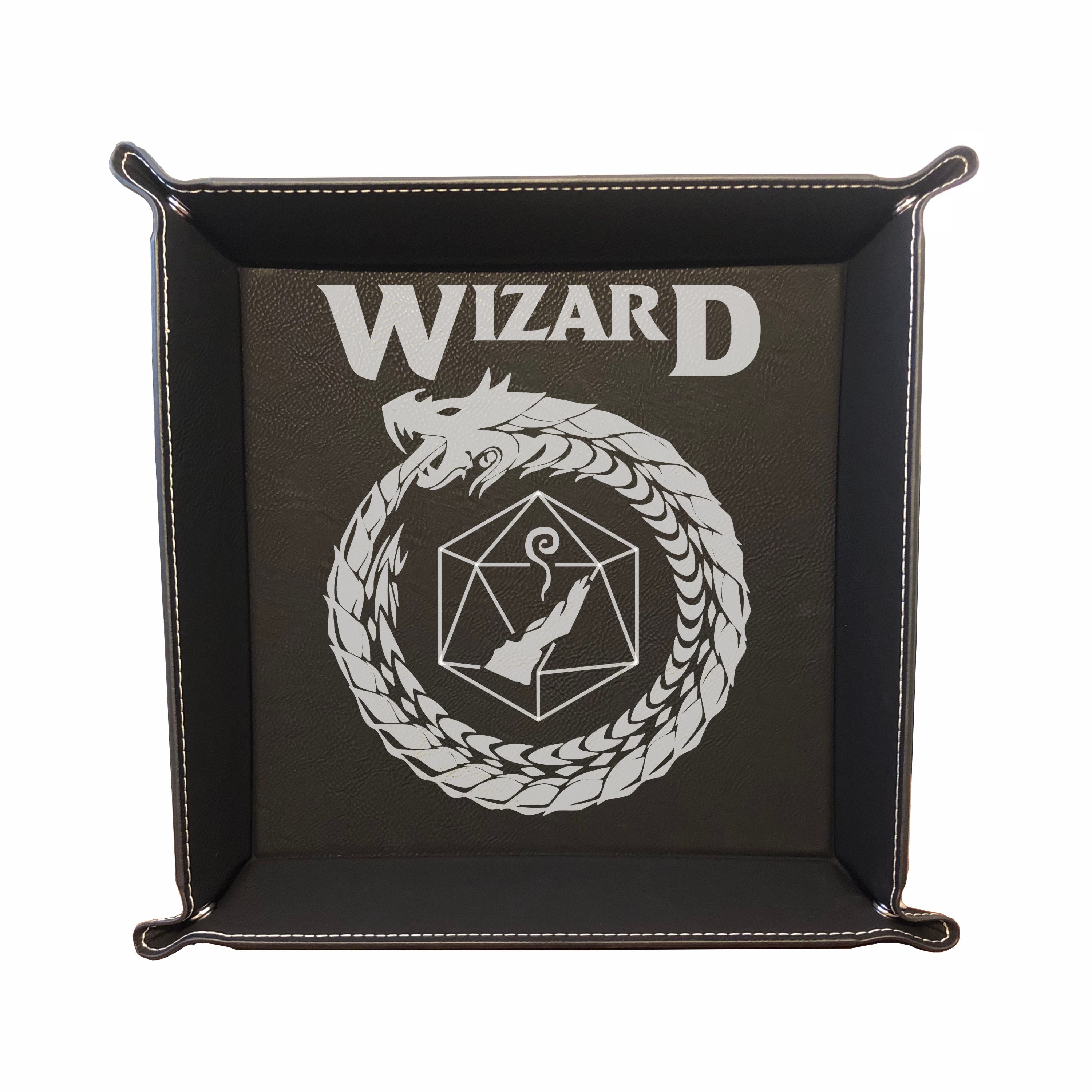DND Dice Tray Wizard Class Symbol with Dragon Engraved Leatherette Snap Tray, DND Gifts Dungeons Dragons