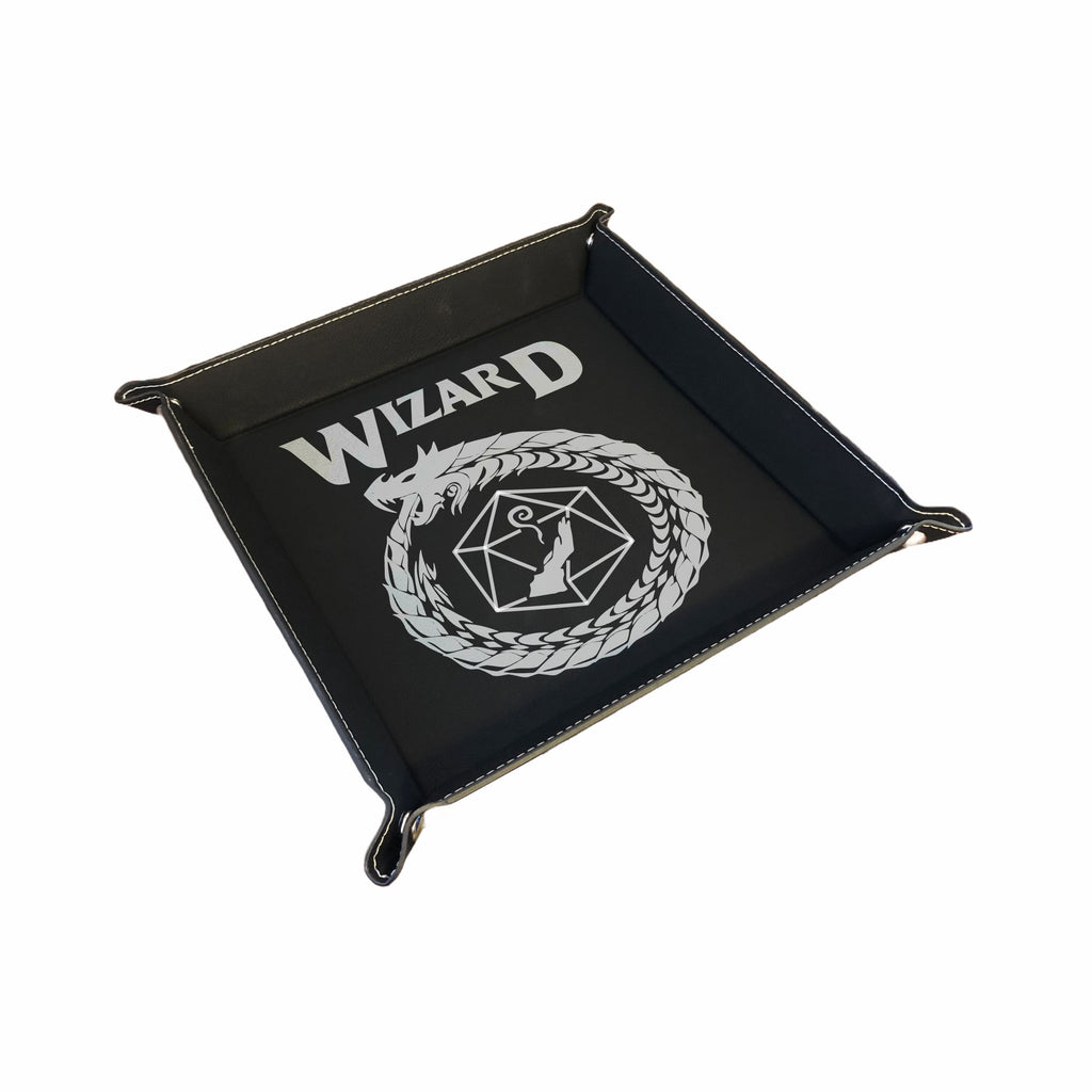 DND Dice Tray Wizard Class Symbol with Dragon Engraved Leatherette Snap Tray, DND Gifts Dungeons Dragons