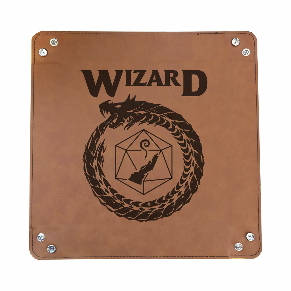 DND Dice Tray Wizard Class Symbol with Dragon Engraved Leatherette Snap Tray, DND Gifts Dungeons Dragons