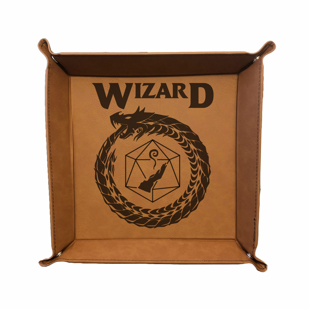 DND Dice Tray Wizard Class Symbol with Dragon Engraved Leatherette Snap Tray, DND Gifts Dungeons Dragons