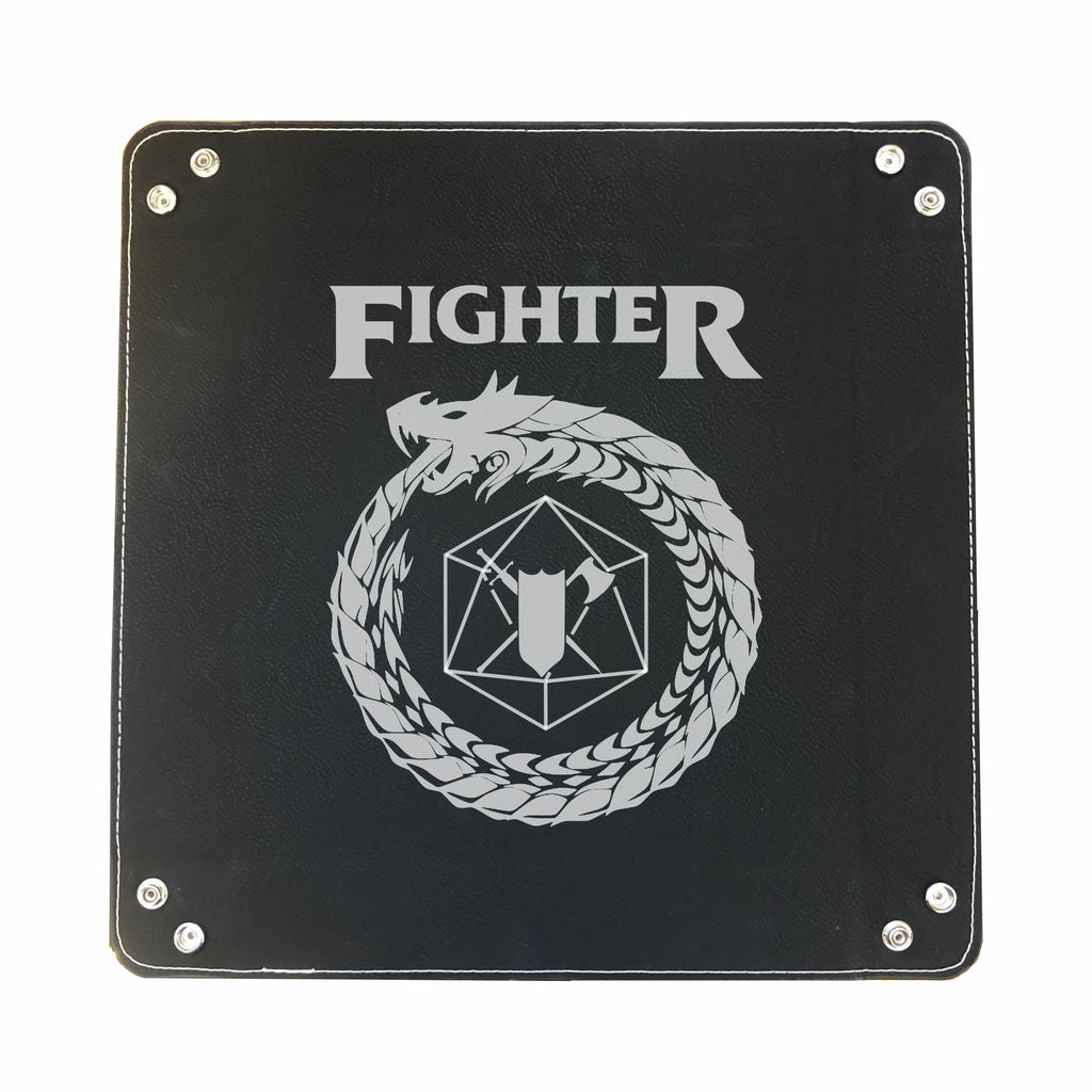 DND Dice Tray Fighter Class Symbol with Dragon Engraved Leatherette Snap Tray, DND Gifts Dungeons Dragons