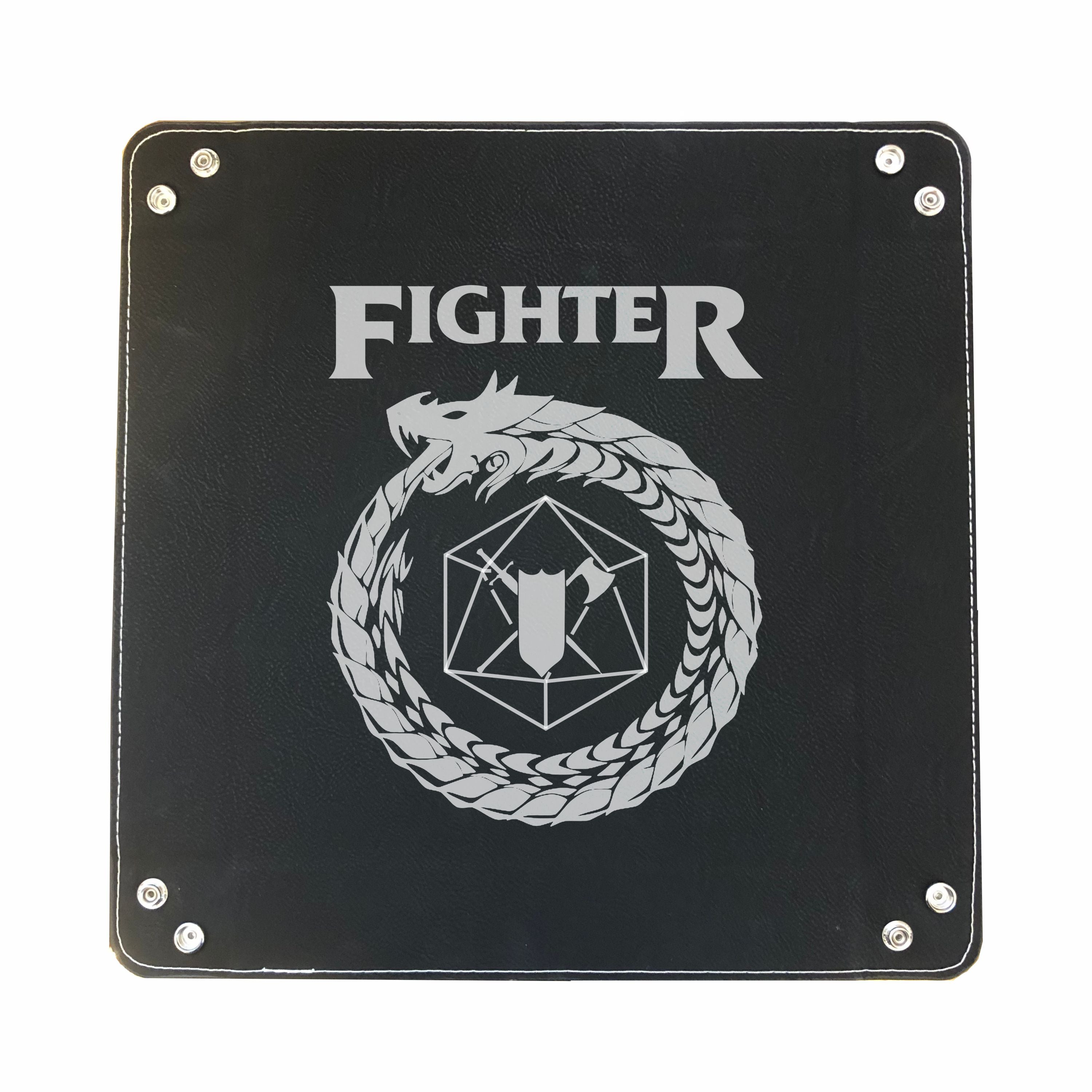 DND Dice Tray Fighter Class Symbol with Dragon Engraved Leatherette Snap Tray, DND Gifts Dungeons Dragons
