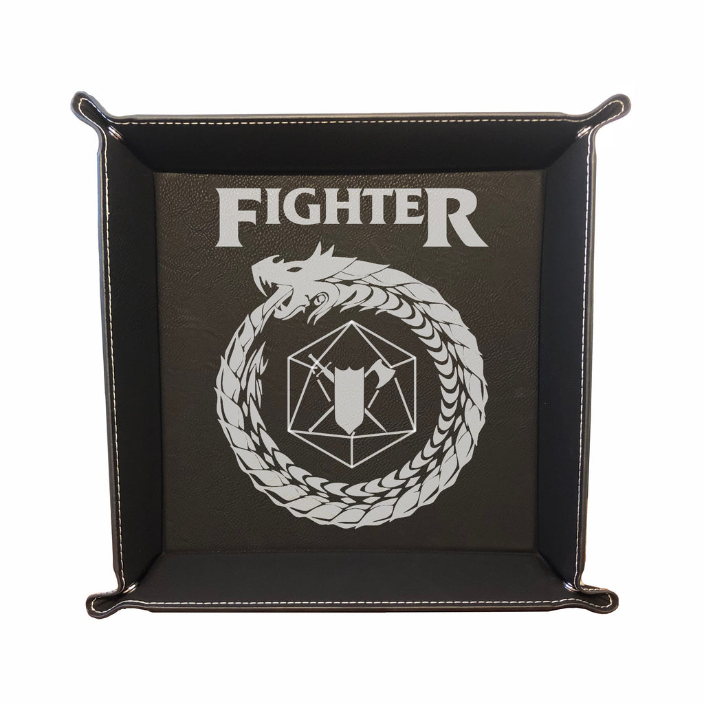DND Dice Tray Fighter Class Symbol with Dragon Engraved Leatherette Snap Tray, DND Gifts Dungeons Dragons