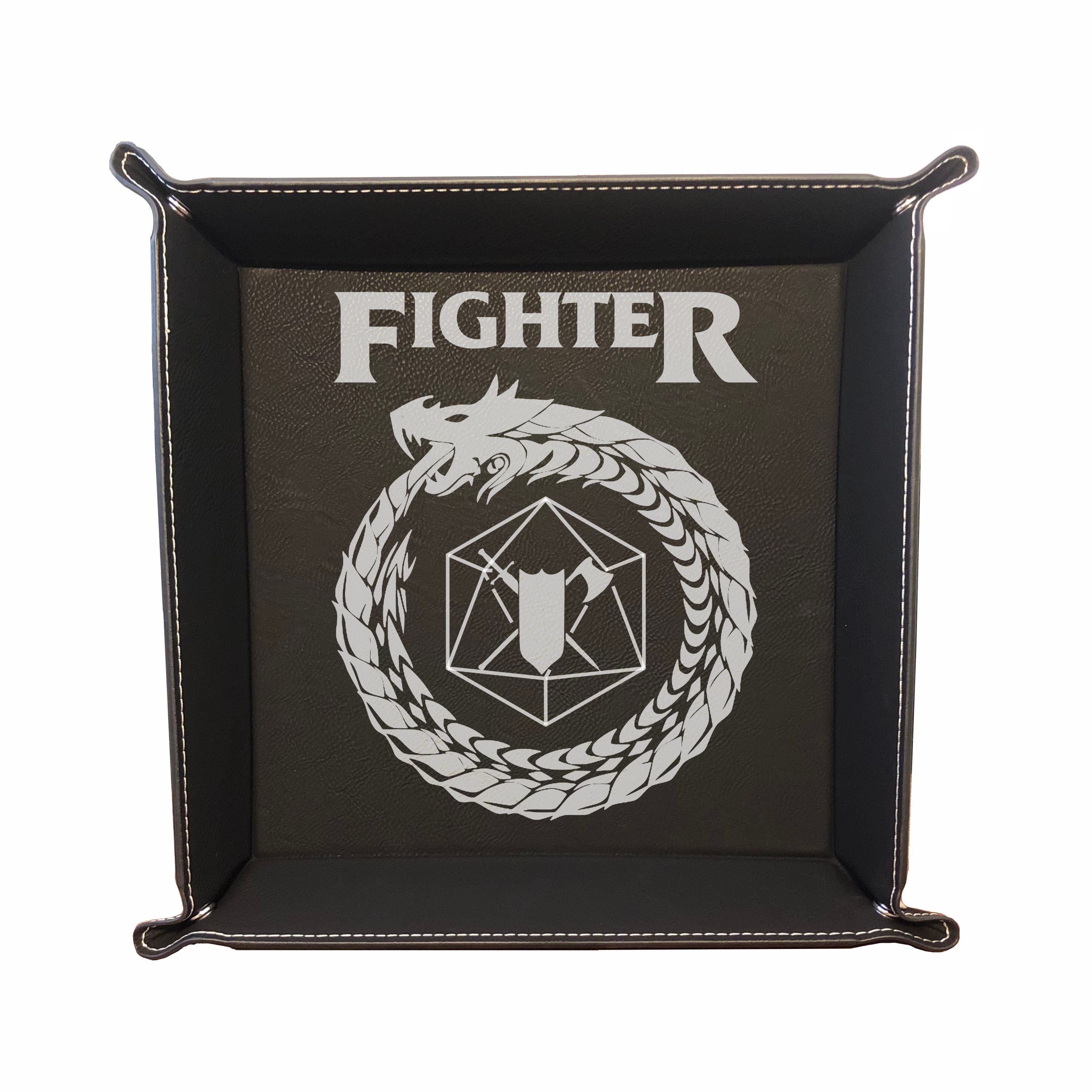DND Dice Tray Fighter Class Symbol with Dragon Engraved Leatherette Snap Tray, DND Gifts Dungeons Dragons