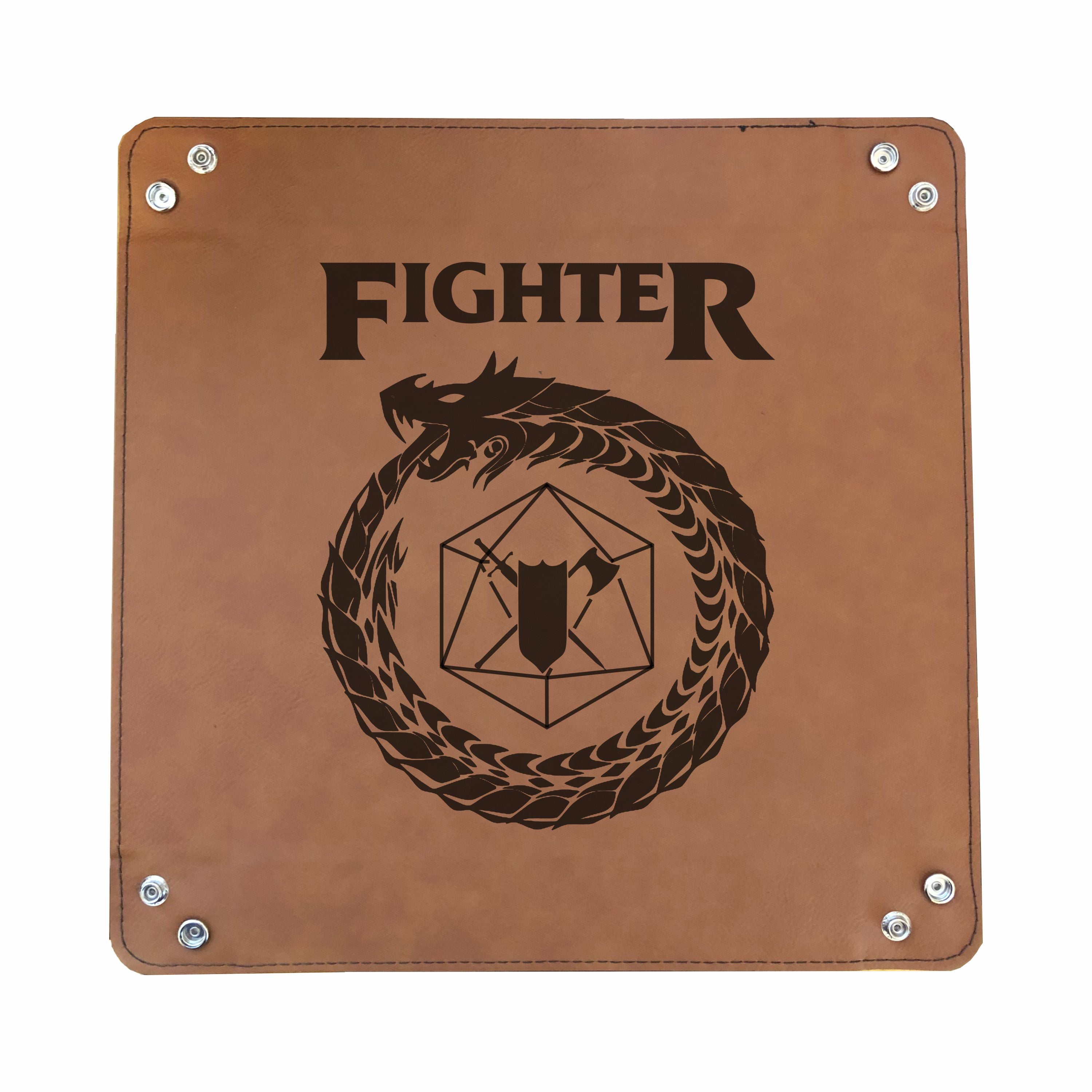 DND Dice Tray Fighter Class Symbol with Dragon Engraved Leatherette Snap Tray, DND Gifts Dungeons Dragons