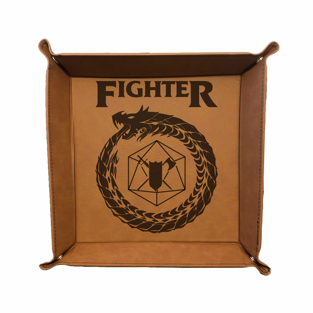 DND Dice Tray Fighter Class Symbol with Dragon Engraved Leatherette Snap Tray, DND Gifts Dungeons Dragons