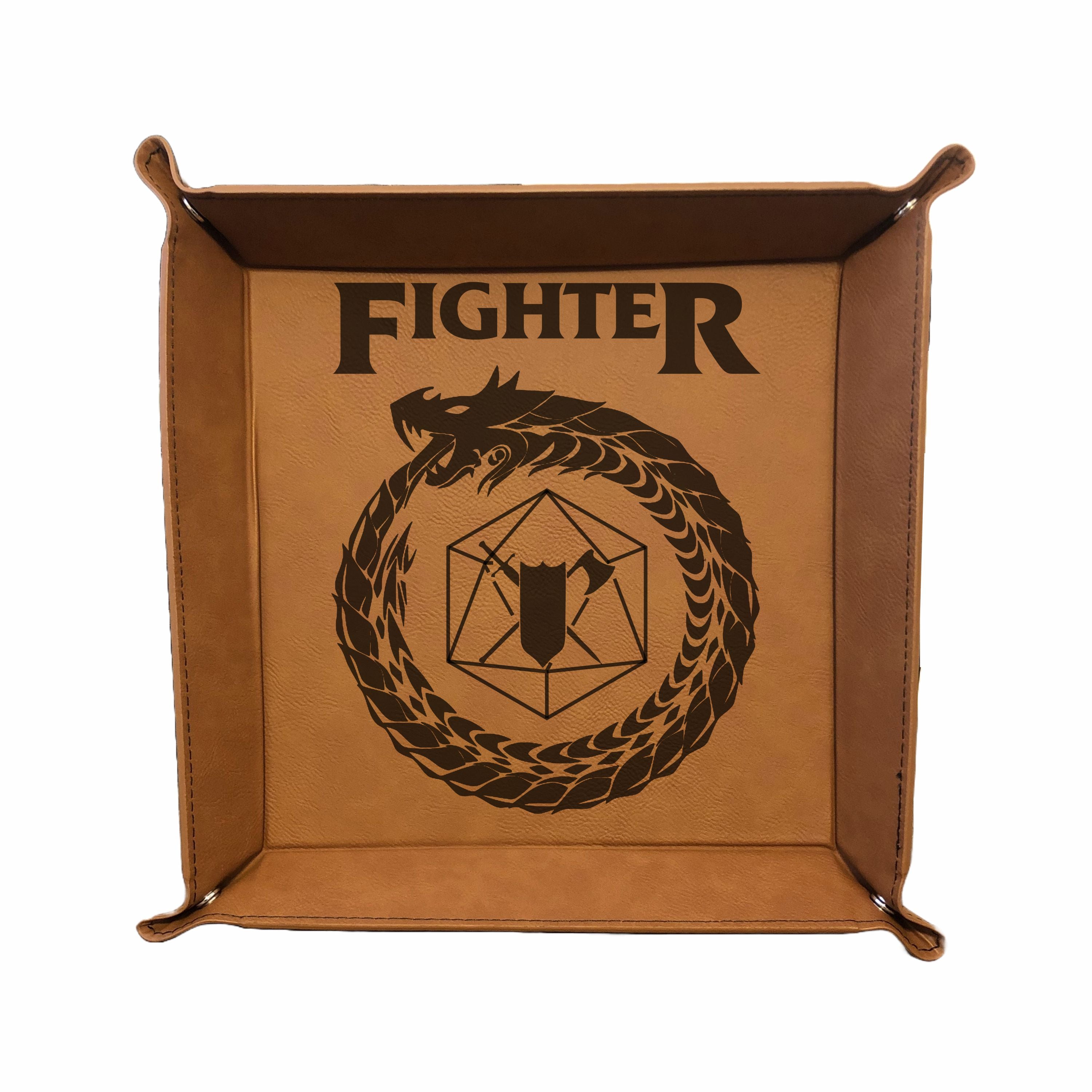 DND Dice Tray Fighter Class Symbol with Dragon Engraved Leatherette Snap Tray, DND Gifts Dungeons Dragons