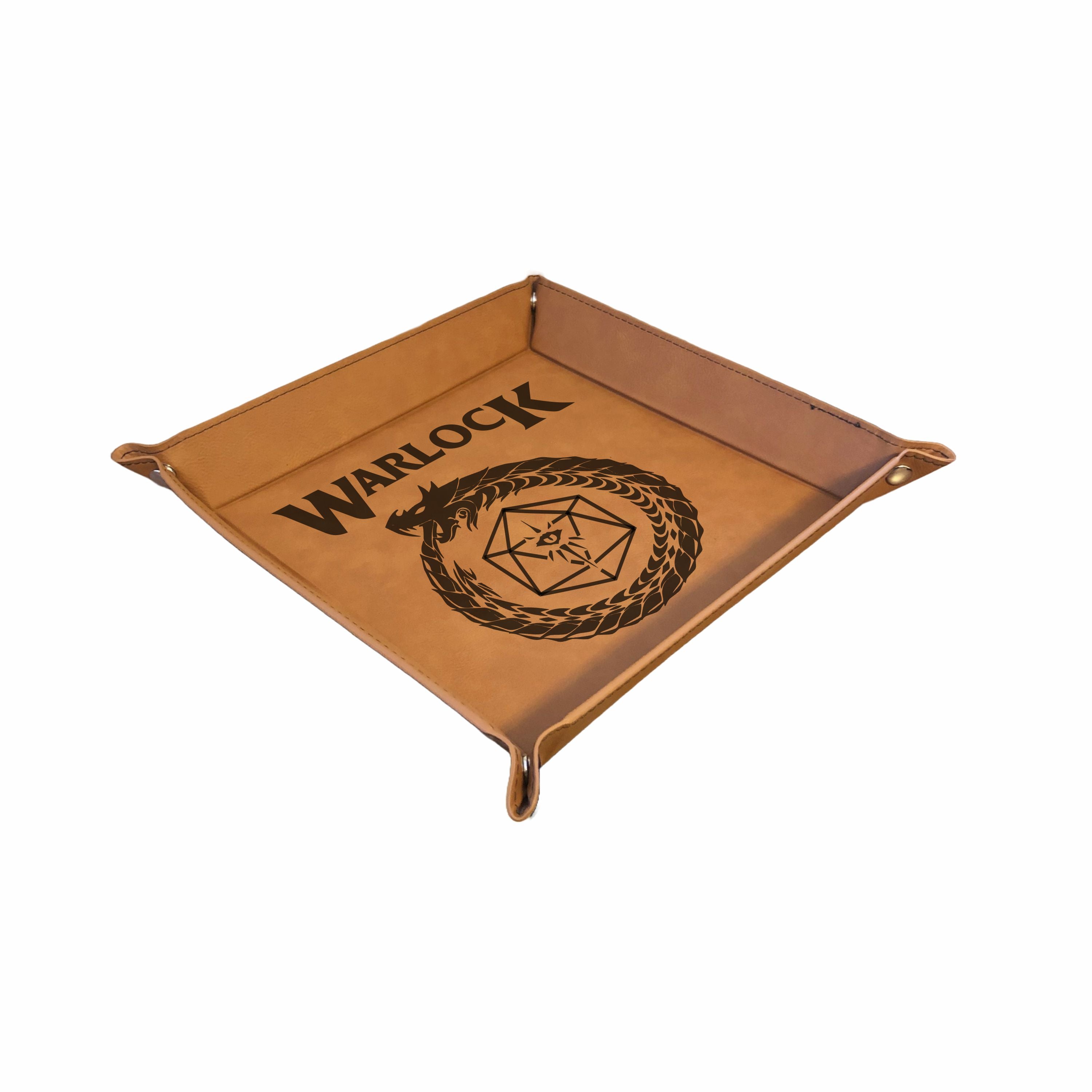 DND Dice Tray Warlock Class Symbol with Dragon Engraved Leatherette Snap Tray, DND Gifts Dungeons Dragons