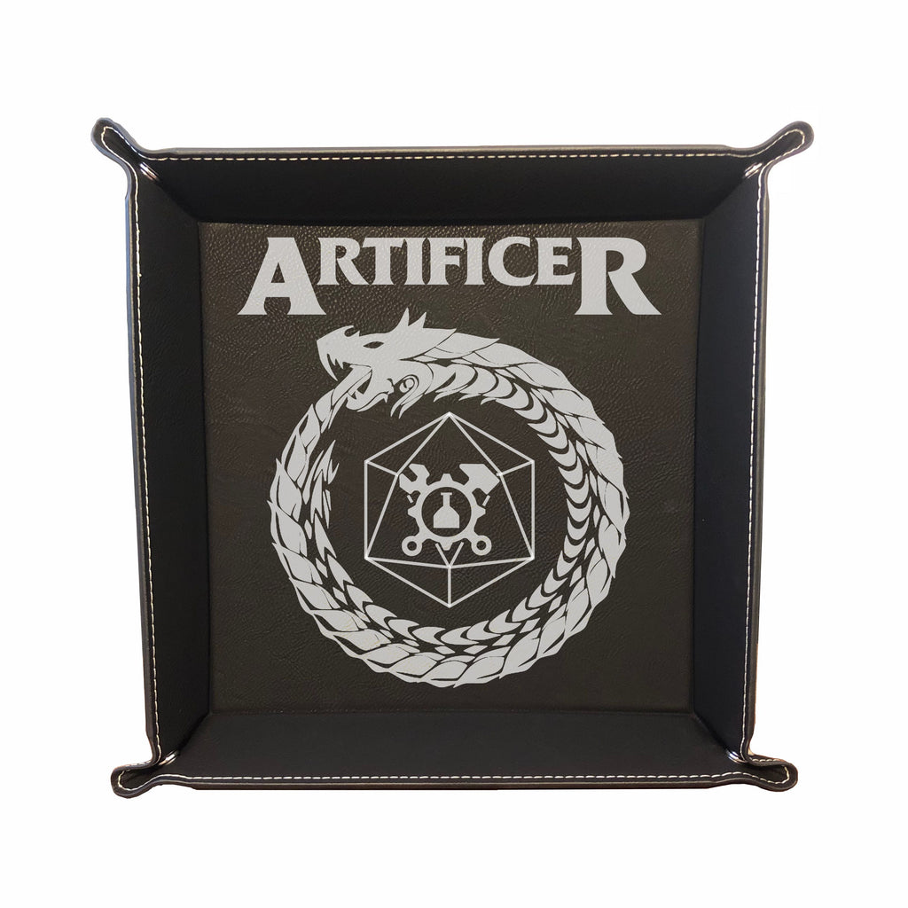 DND Dice Tray Artificer Class Symbol with Dragon Engraved Leatherette Snap Tray, DND Gifts Dungeons Dragons