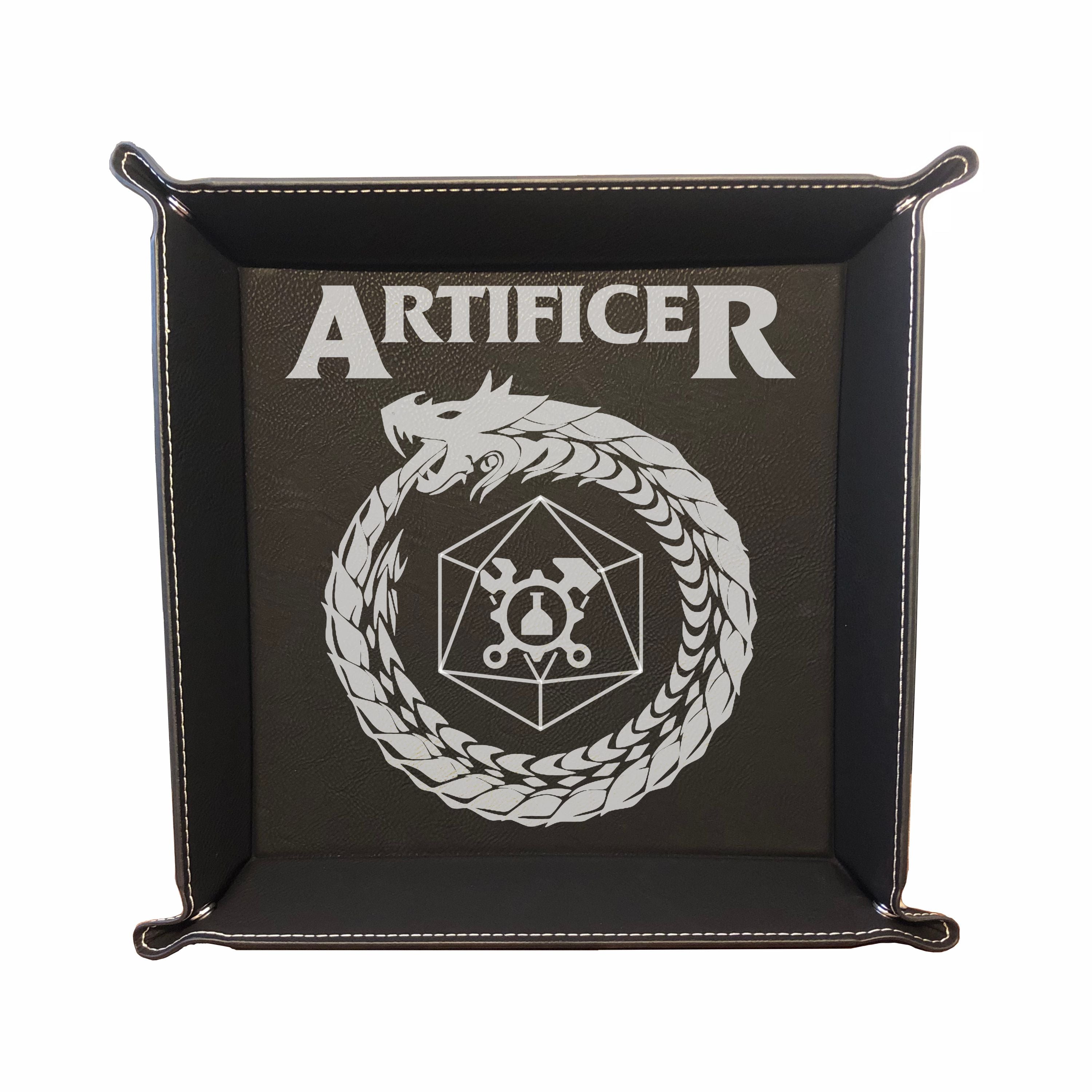 DND Dice Tray Artificer Class Symbol with Dragon Engraved Leatherette Snap Tray, DND Gifts Dungeons Dragons