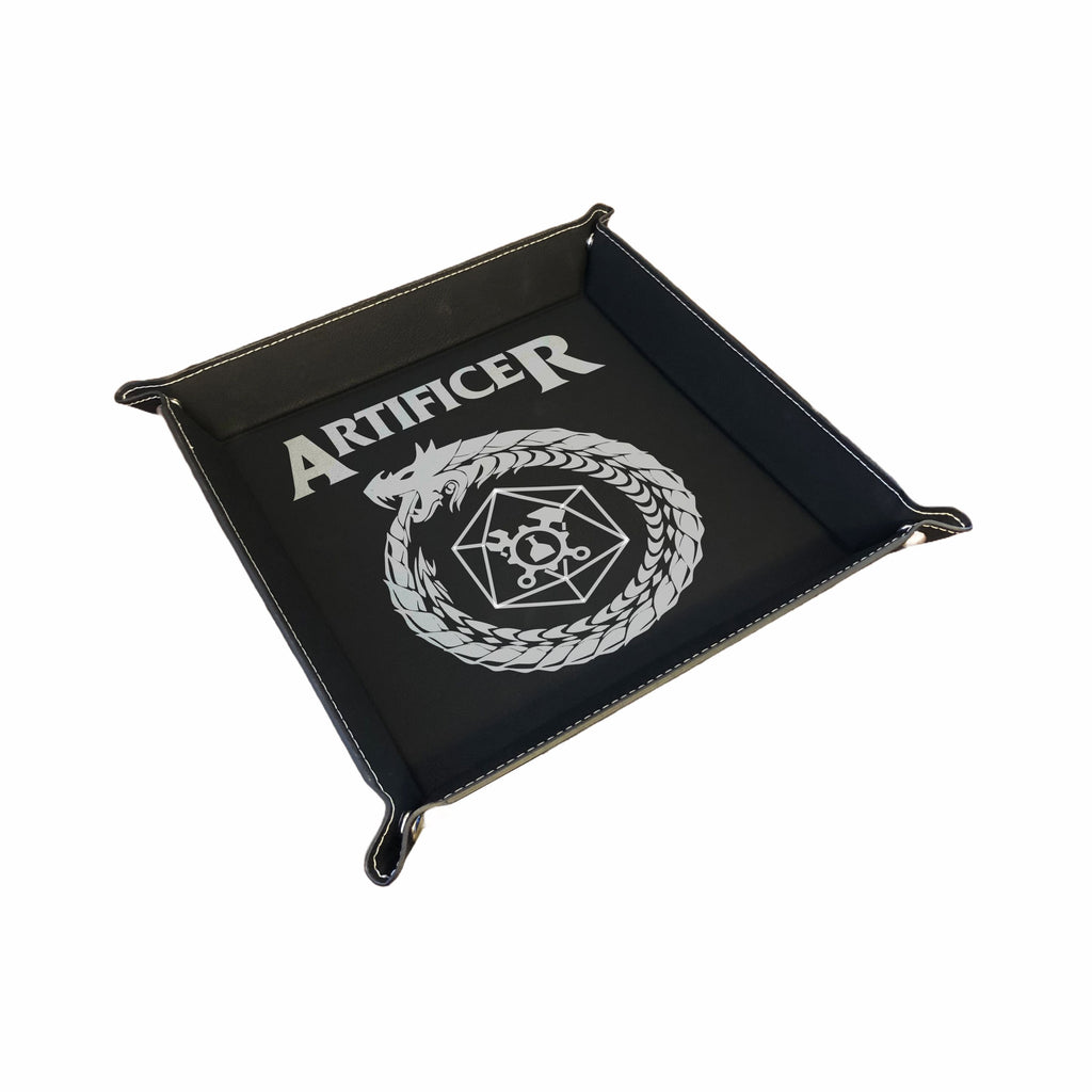 DND Dice Tray Artificer Class Symbol with Dragon Engraved Leatherette Snap Tray, DND Gifts Dungeons Dragons