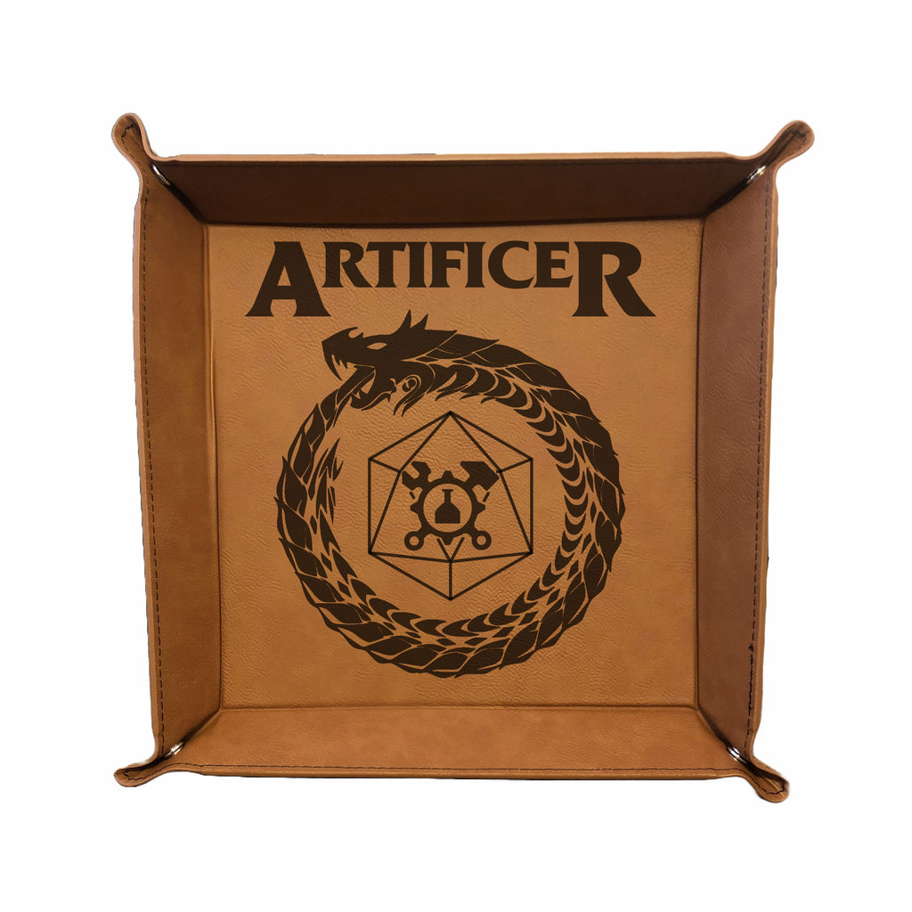 DND Dice Tray Artificer Class Symbol with Dragon Engraved Leatherette Snap Tray, DND Gifts Dungeons Dragons