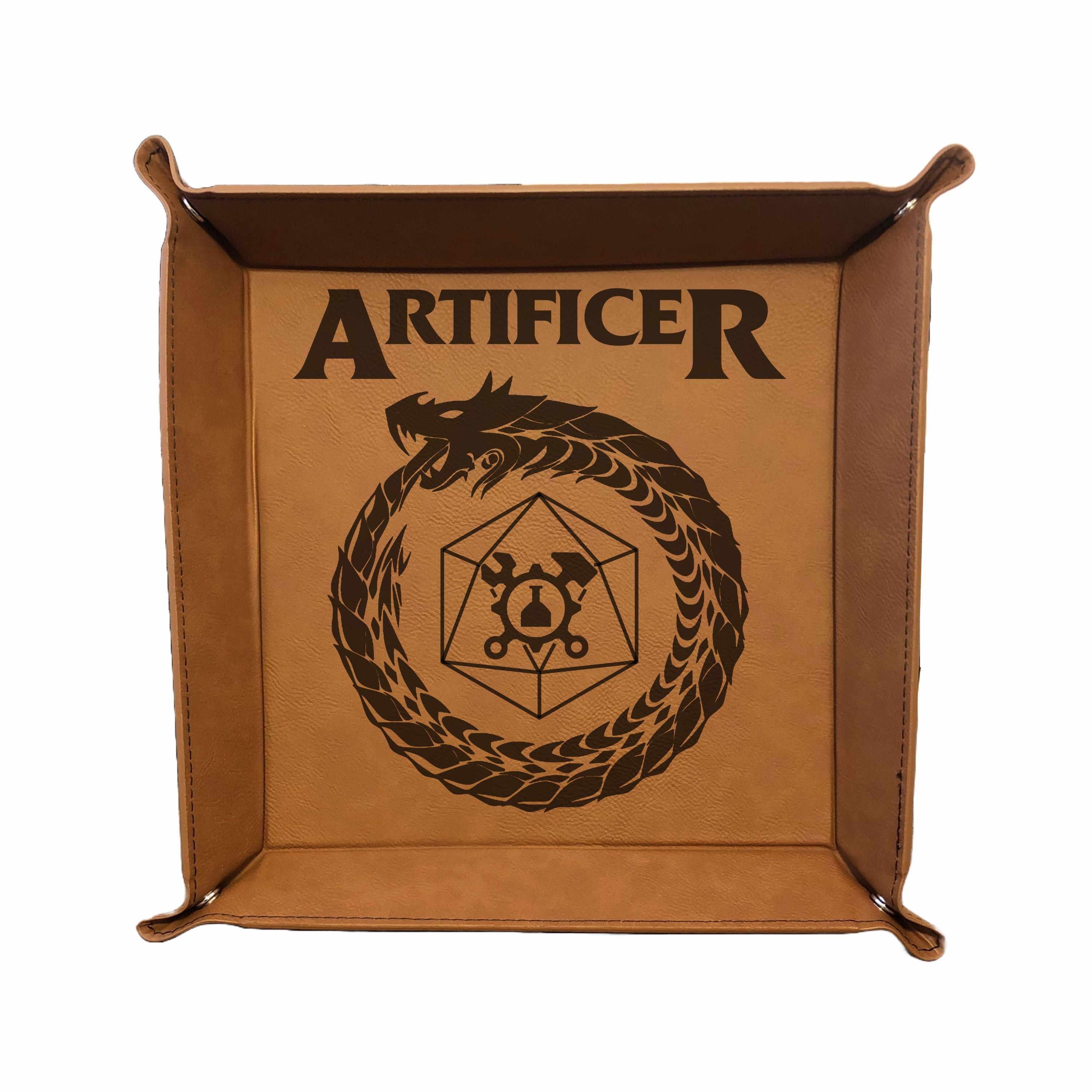 DND Dice Tray Artificer Class Symbol with Dragon Engraved Leatherette Snap Tray, DND Gifts Dungeons Dragons