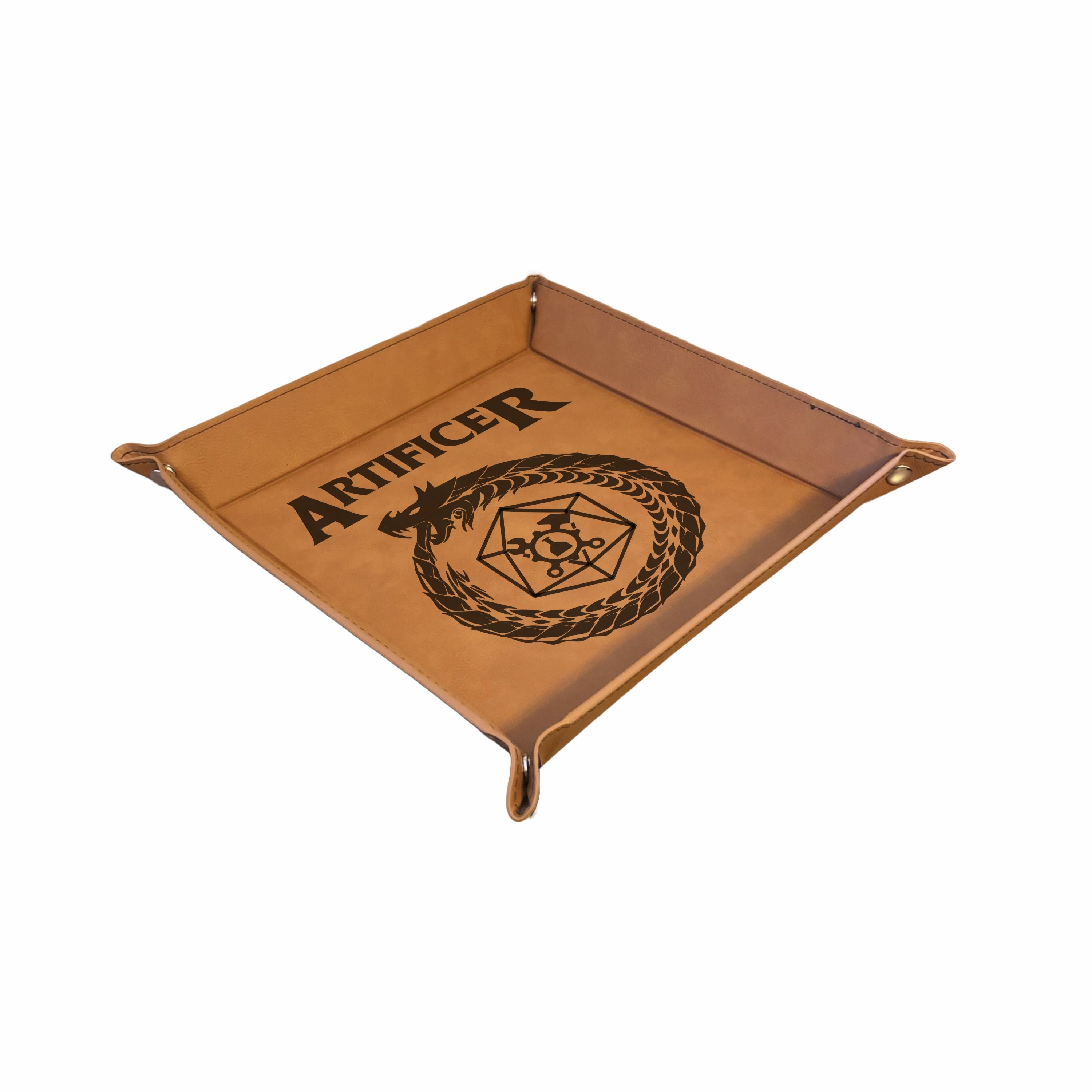 DND Dice Tray Artificer Class Symbol with Dragon Engraved Leatherette Snap Tray, DND Gifts Dungeons Dragons