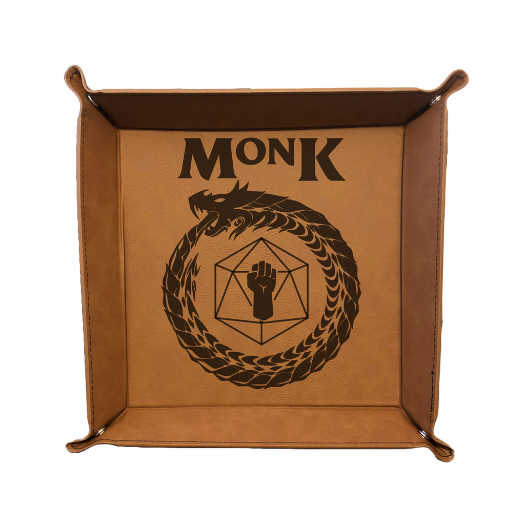 DND Dice Tray Monk Class Symbol with Dragon Engraved Leatherette Snap Tray, DND Gifts Dungeons Dragons