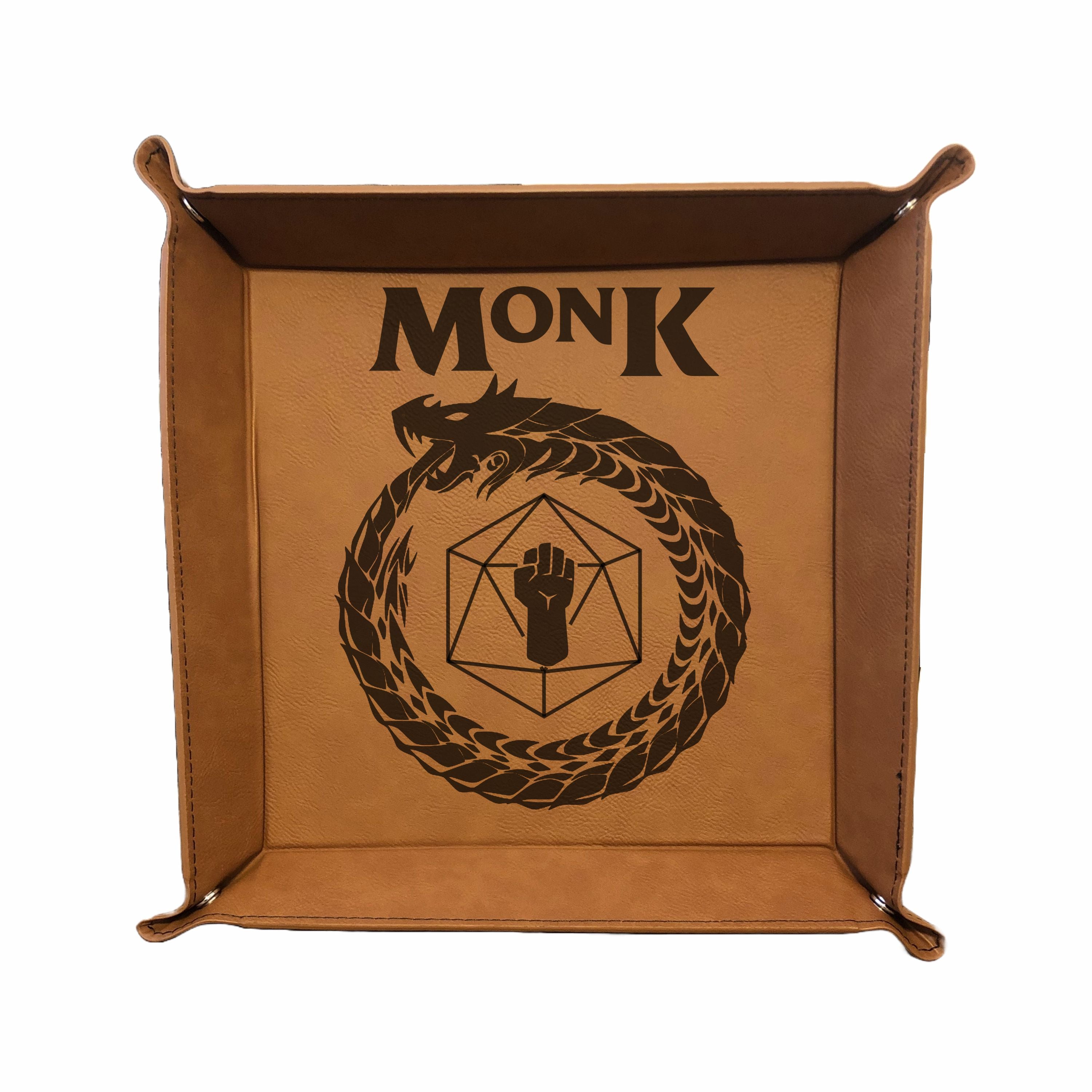 DND Dice Tray Monk Class Symbol with Dragon Engraved Leatherette Snap Tray, DND Gifts Dungeons Dragons