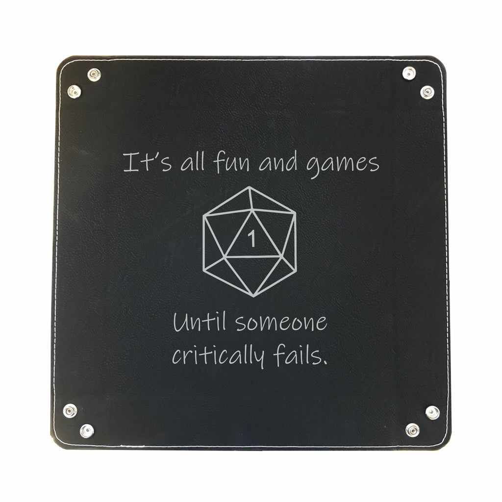 DND Dice Tray All Fun and Games Until Crit Fail Engraved Leatherette Snap Tray, DND Gifts Dungeons Dragons