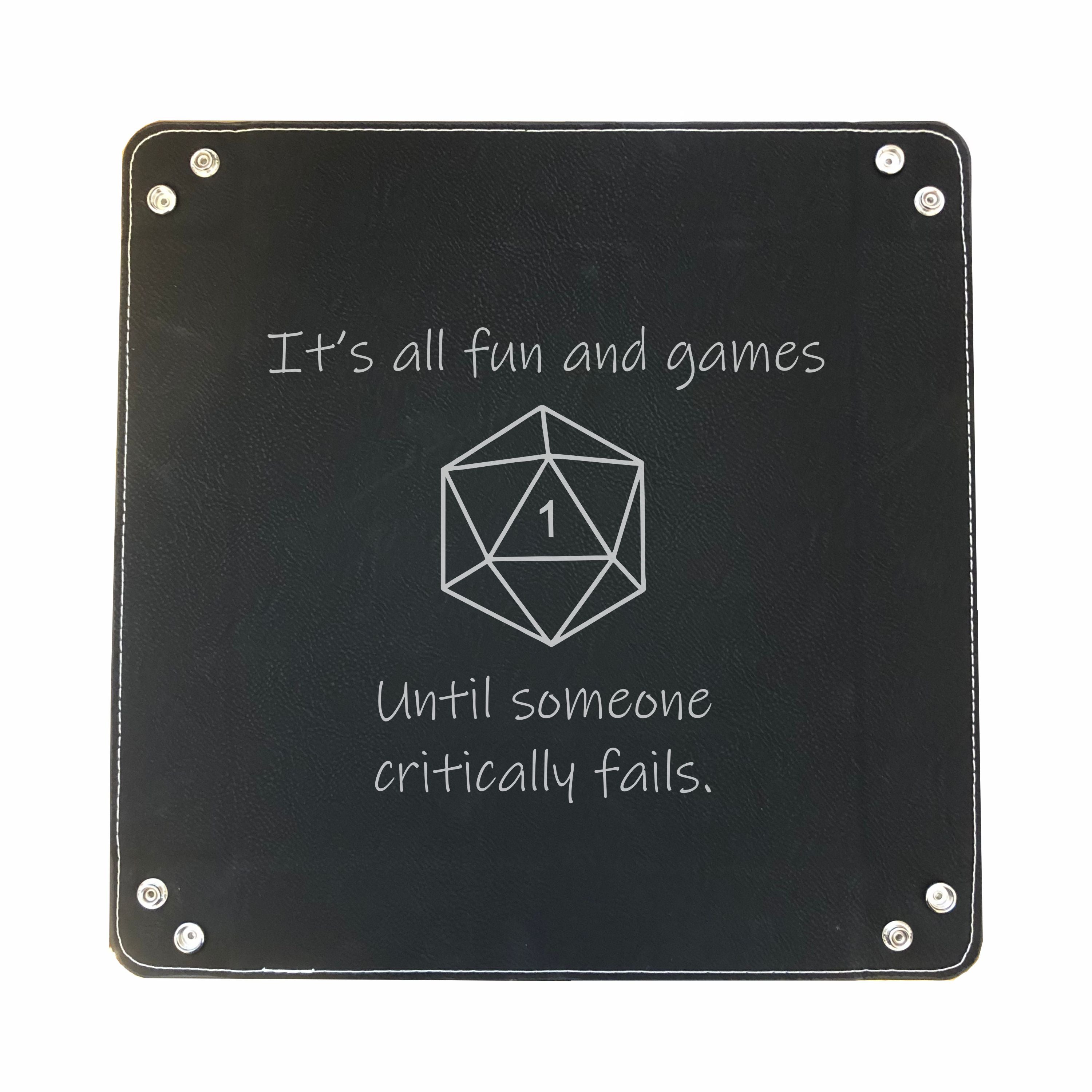 DND Dice Tray All Fun and Games Until Crit Fail Engraved Leatherette Snap Tray, DND Gifts Dungeons Dragons