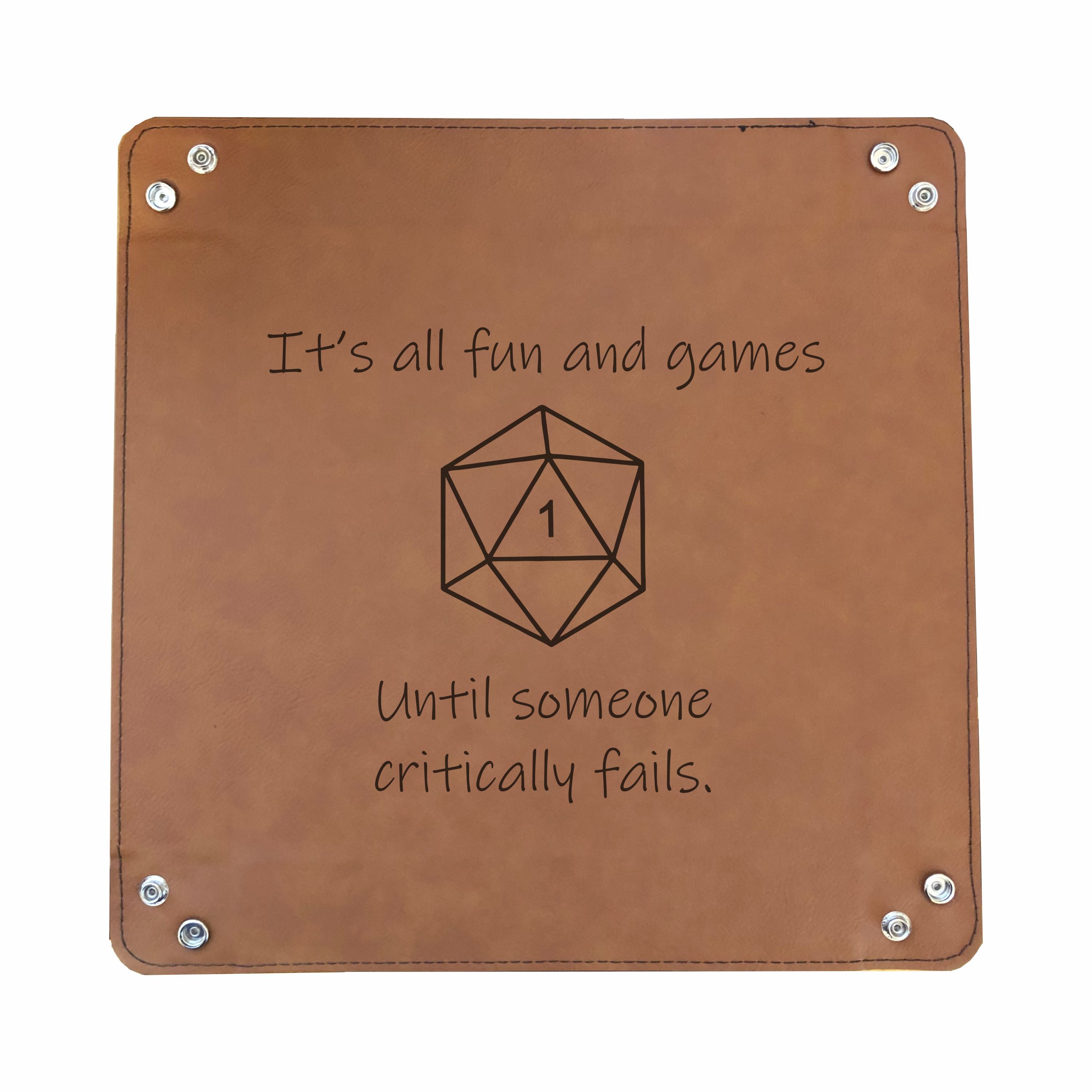 DND Dice Tray All Fun and Games Until Crit Fail Engraved Leatherette Snap Tray, DND Gifts Dungeons Dragons