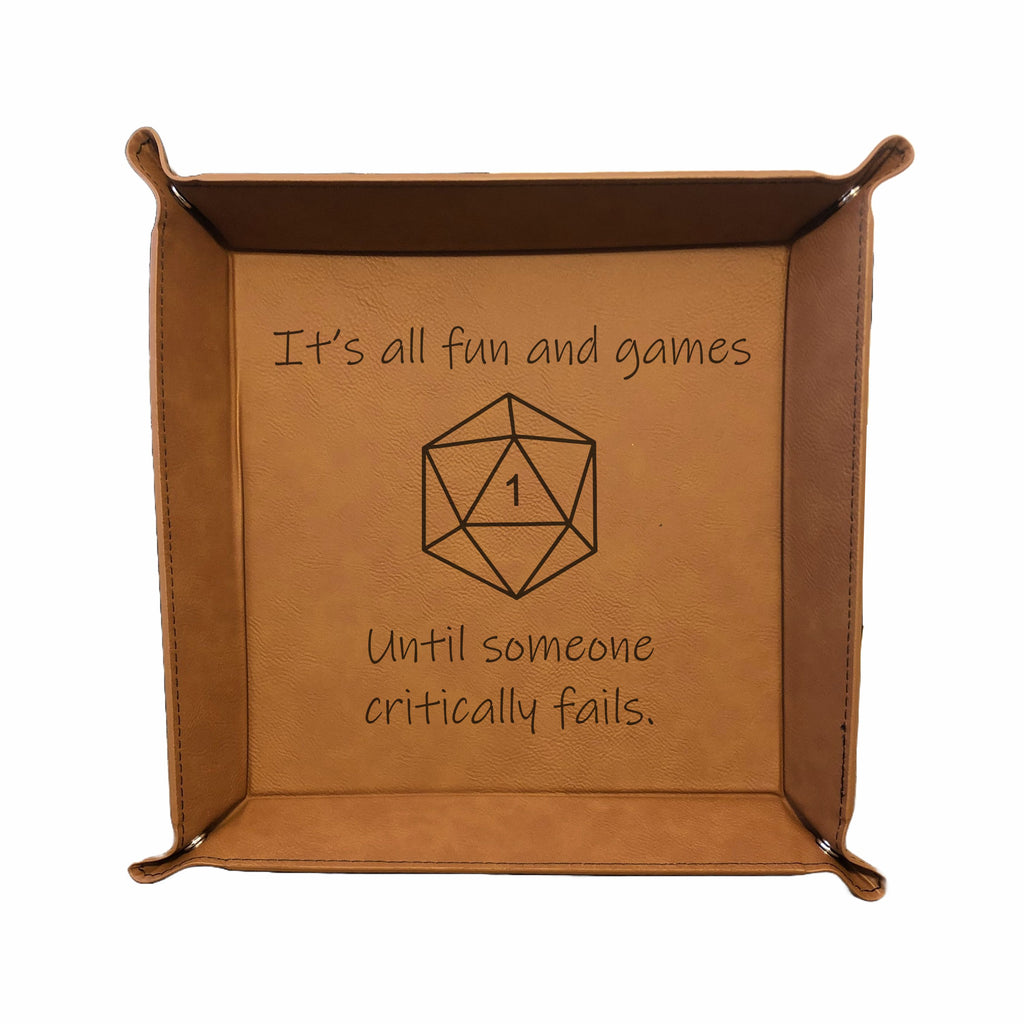 DND Dice Tray All Fun and Games Until Crit Fail Engraved Leatherette Snap Tray, DND Gifts Dungeons Dragons