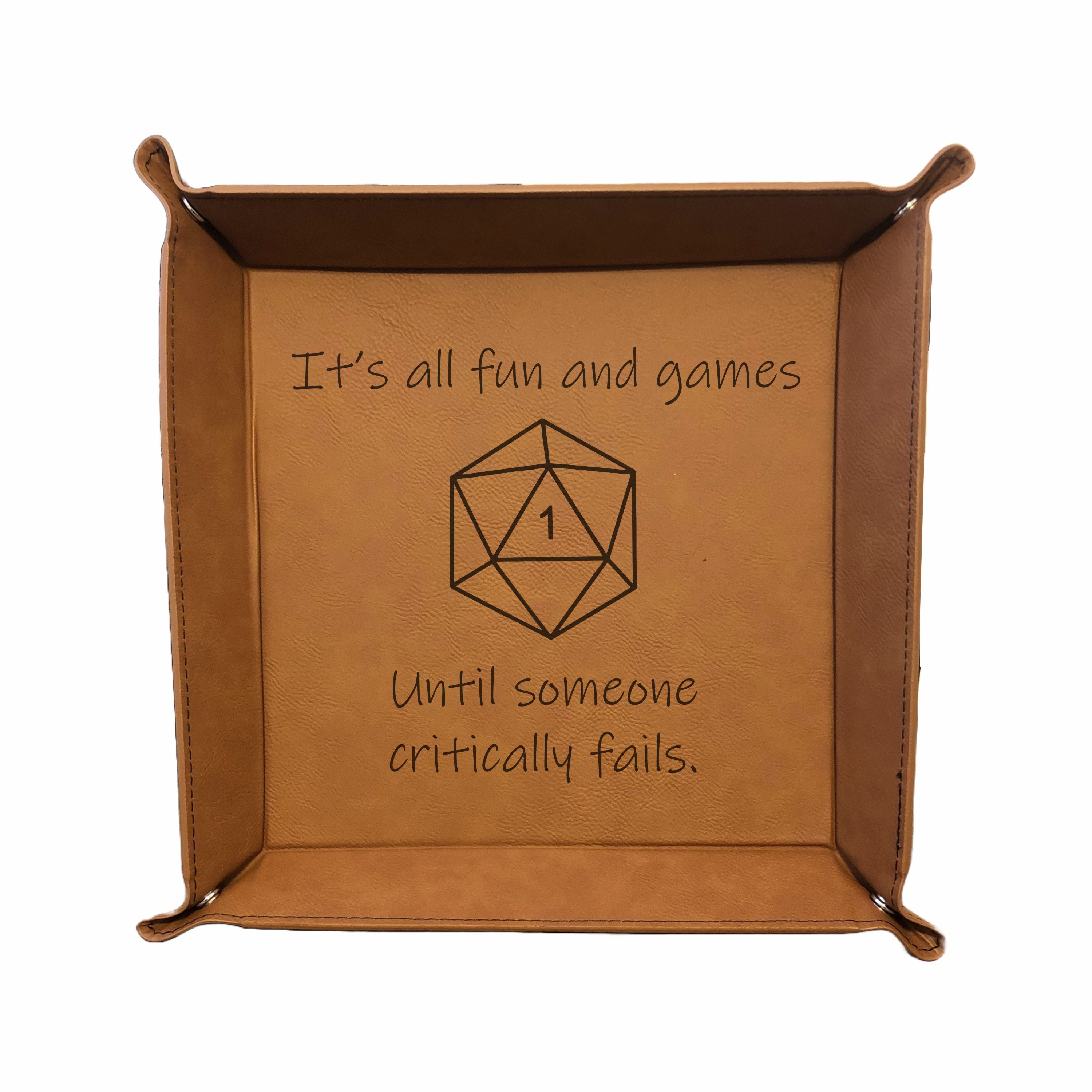 DND Dice Tray All Fun and Games Until Crit Fail Engraved Leatherette Snap Tray, DND Gifts Dungeons Dragons