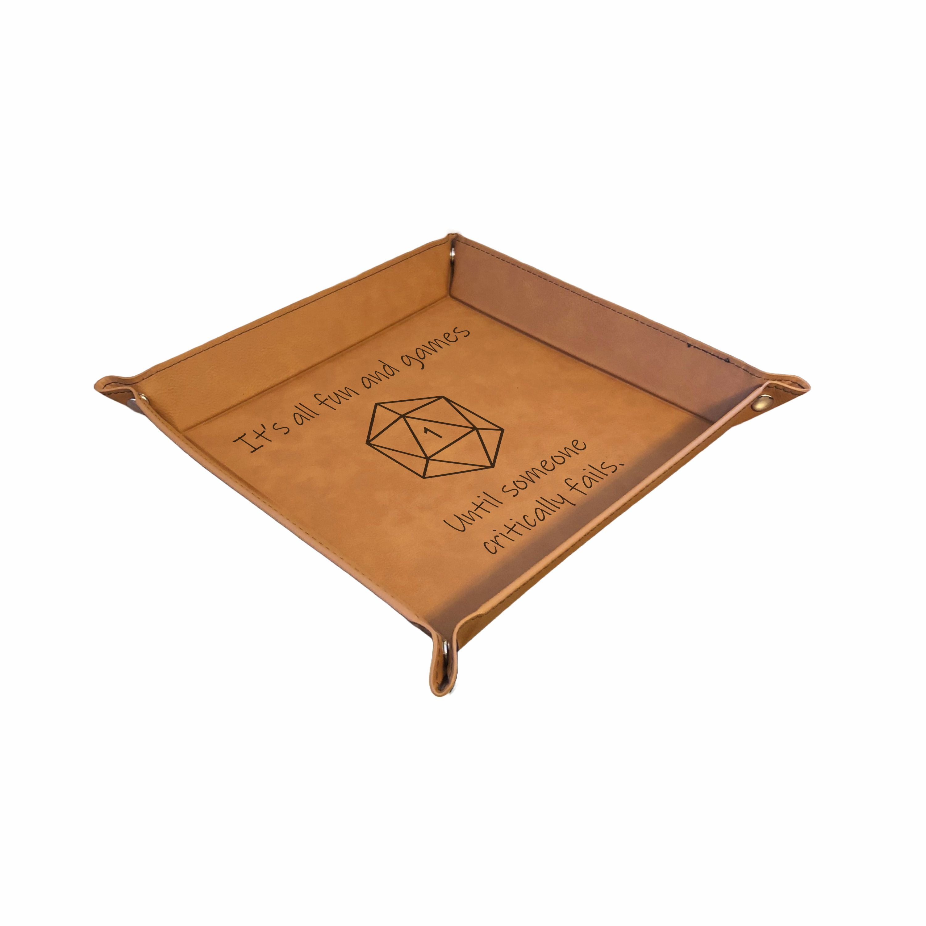 DND Dice Tray All Fun and Games Until Crit Fail Engraved Leatherette Snap Tray, DND Gifts Dungeons Dragons