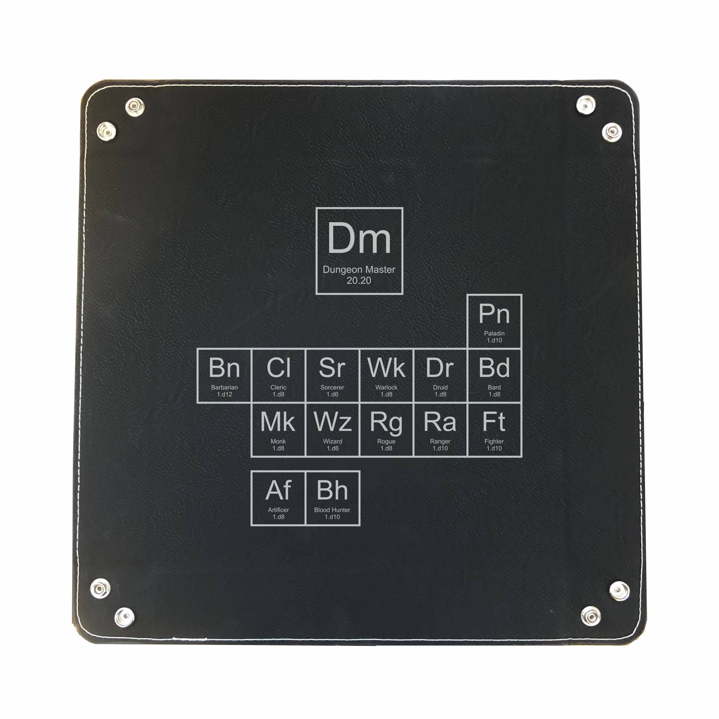 DND Dice Tray Periodic Table of Classes Engraved Leatherette Snap Tray, DND Gifts Dungeons Dragons