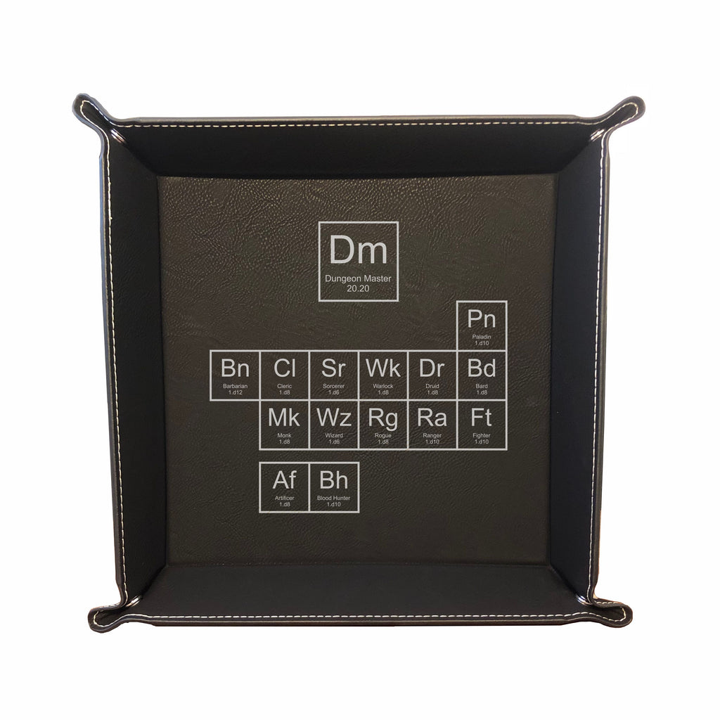 DND Dice Tray Periodic Table of Classes Engraved Leatherette Snap Tray, DND Gifts Dungeons Dragons