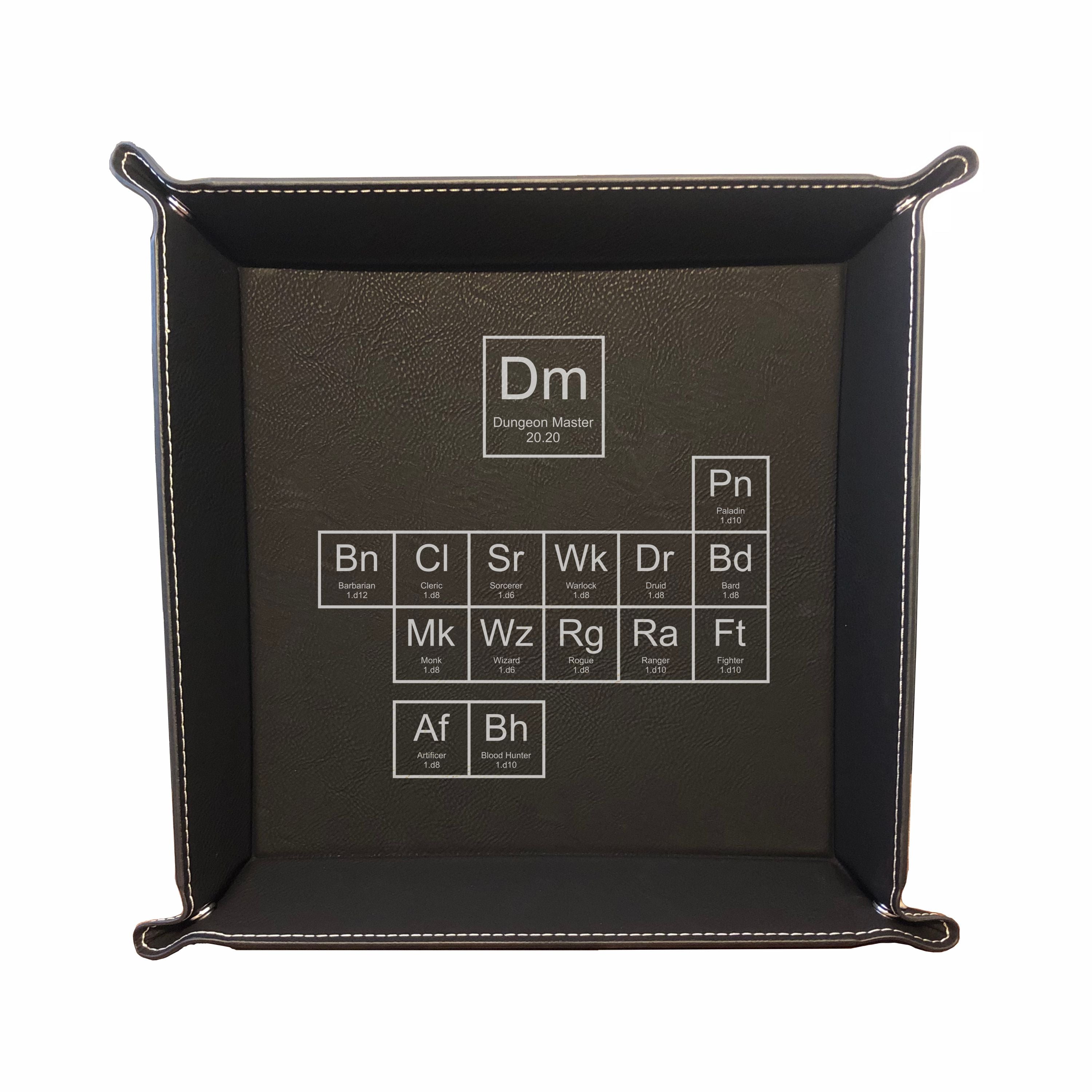 DND Dice Tray Periodic Table of Classes Engraved Leatherette Snap Tray, DND Gifts Dungeons Dragons