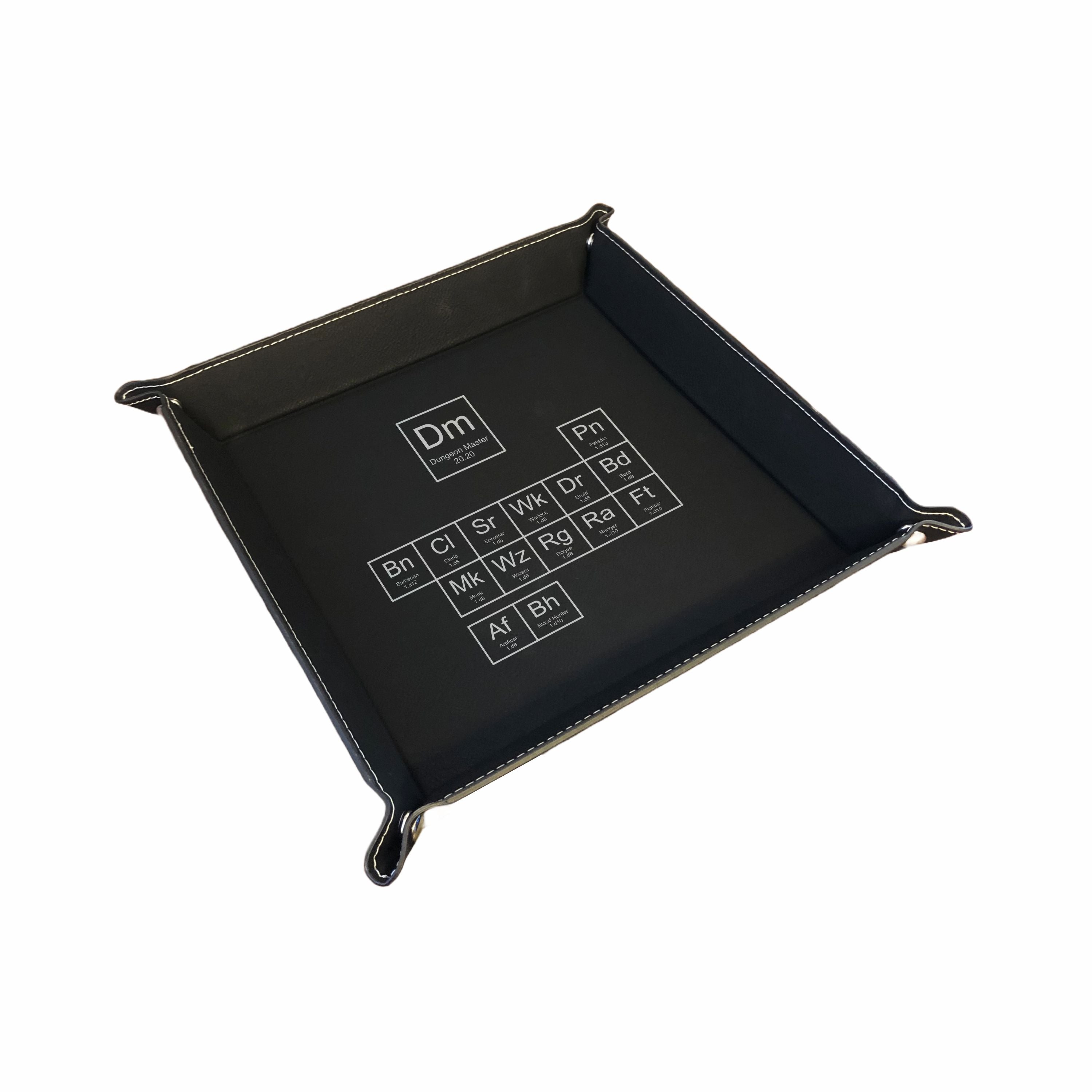 DND Dice Tray Periodic Table of Classes Engraved Leatherette Snap Tray, DND Gifts Dungeons Dragons