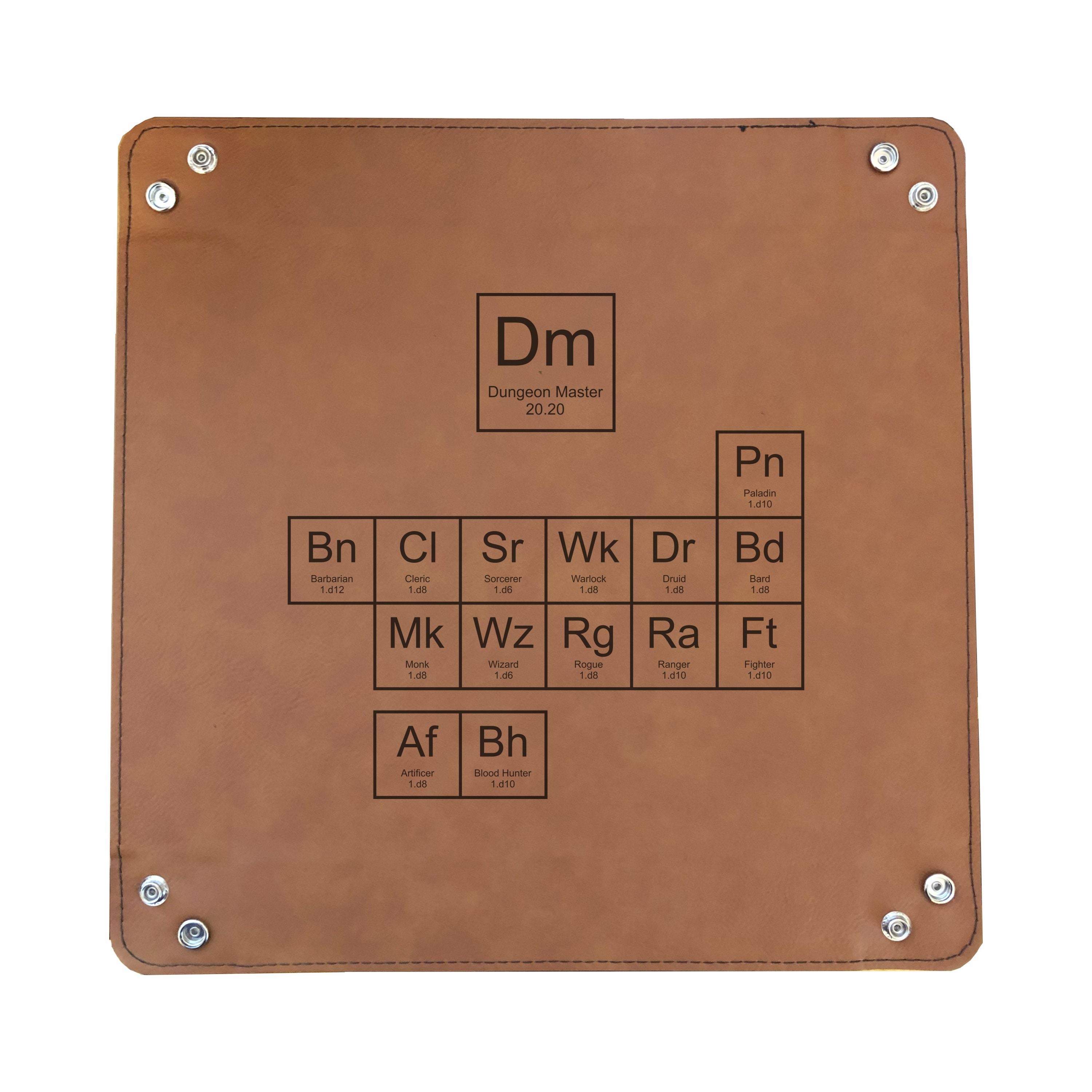 DND Dice Tray Periodic Table of Classes Engraved Leatherette Snap Tray, DND Gifts Dungeons Dragons