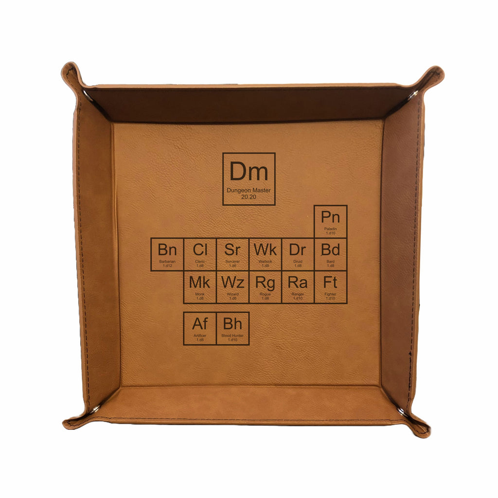 DND Dice Tray Periodic Table of Classes Engraved Leatherette Snap Tray, DND Gifts Dungeons Dragons